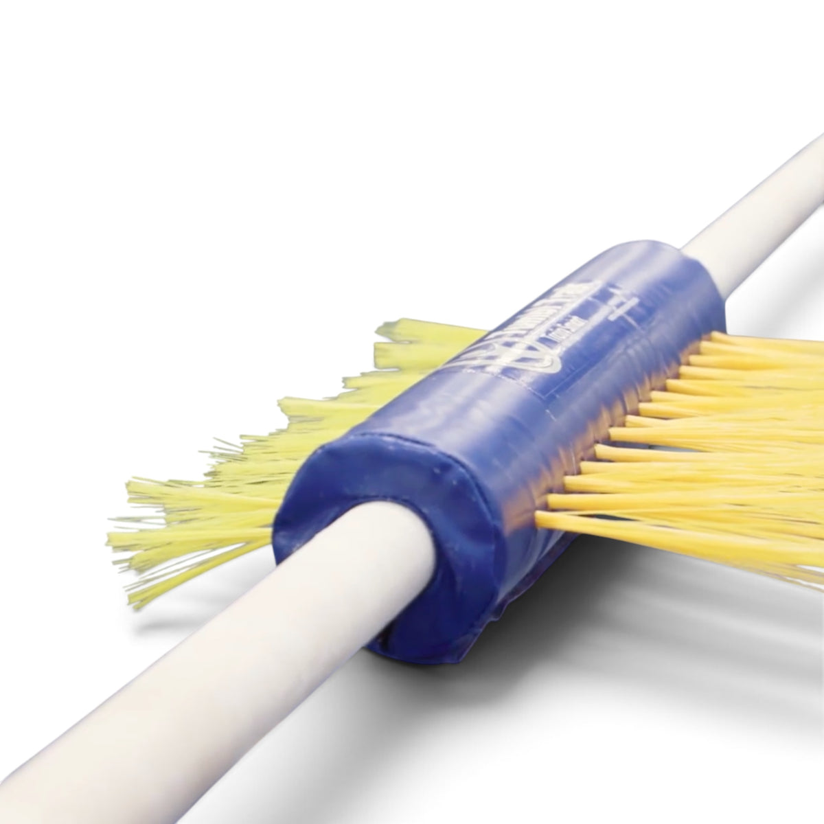 UK Gym Pits Porcupine Bar Pad with blue vinyl padding and yellow bristles attached to a gymnastics training bar