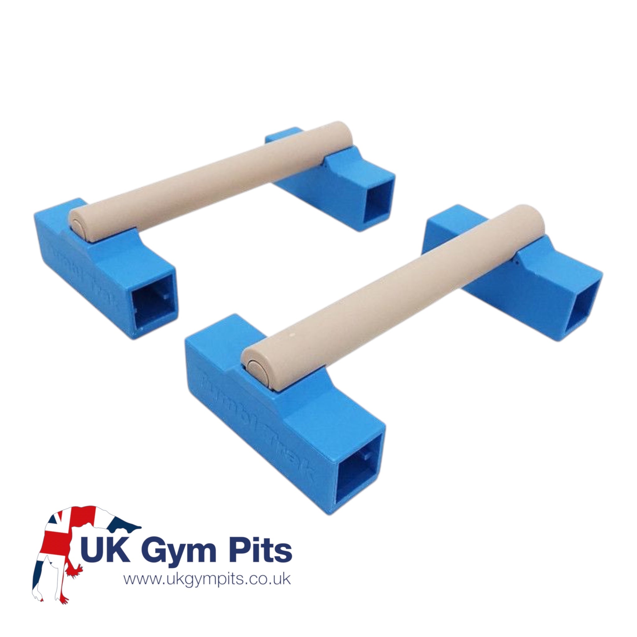 UK Gym Pits portable parallette bars with blue bases and beige rails for gymnastics and strength training