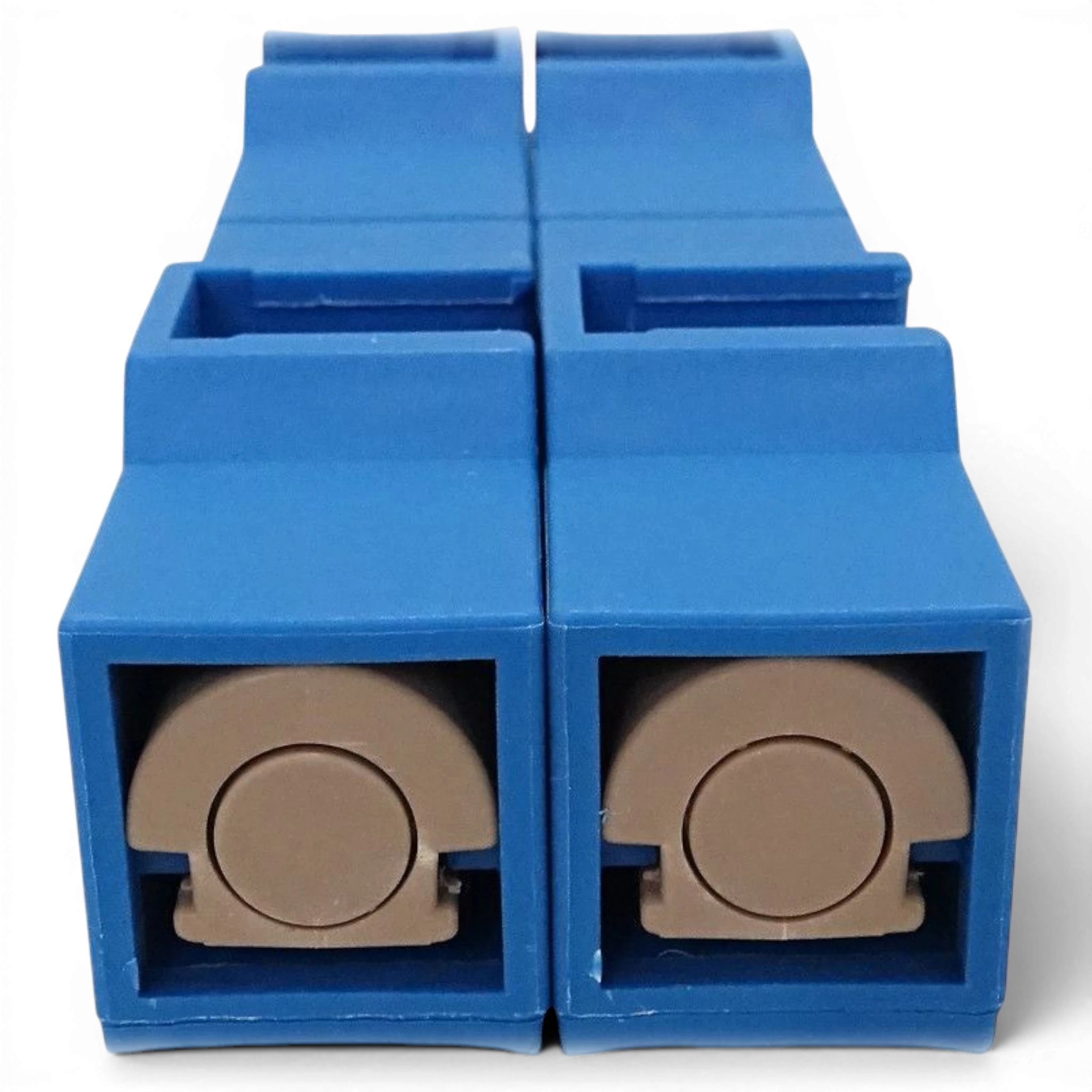 UK Gym Pits portable parallette bars in blue with beige rails, shown packed together for compact storage.
