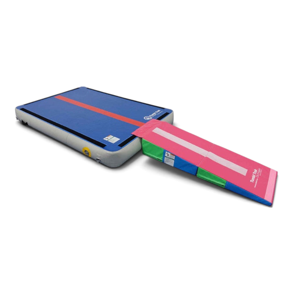 UK Gym Pits Power Launch inflatable air floor with a connected pink and green folding ramp for gymnastics training.