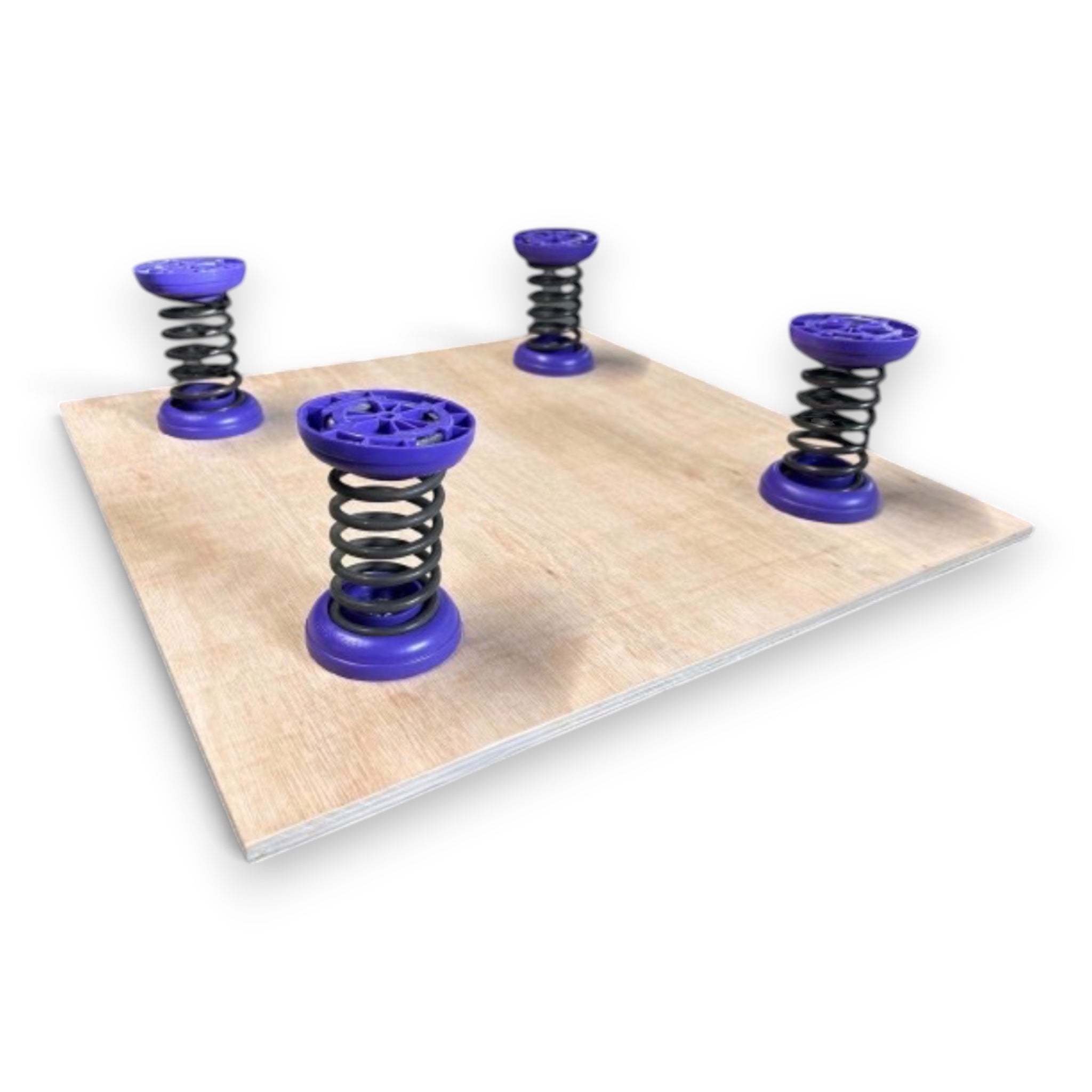 UK Gym Pits power spring floor kit featuring high carbon steel coil springs with purple retainer caps on plywood.