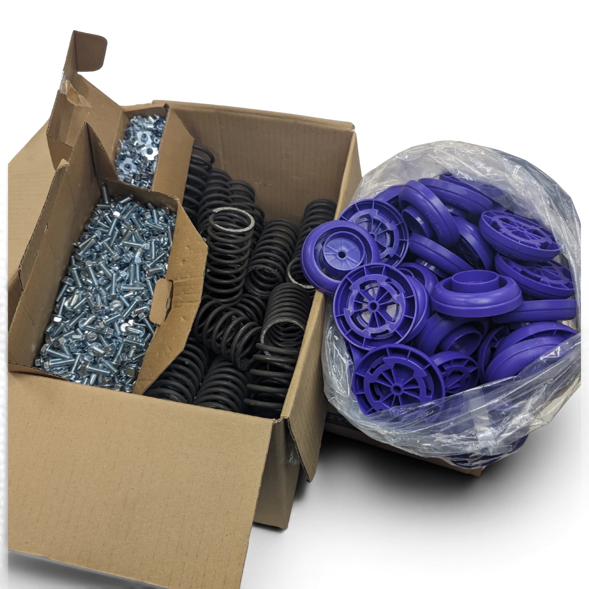 UK Gym Pits power spring floor kit with high carbon steel coil springs, purple retainer caps, nuts, and screws.