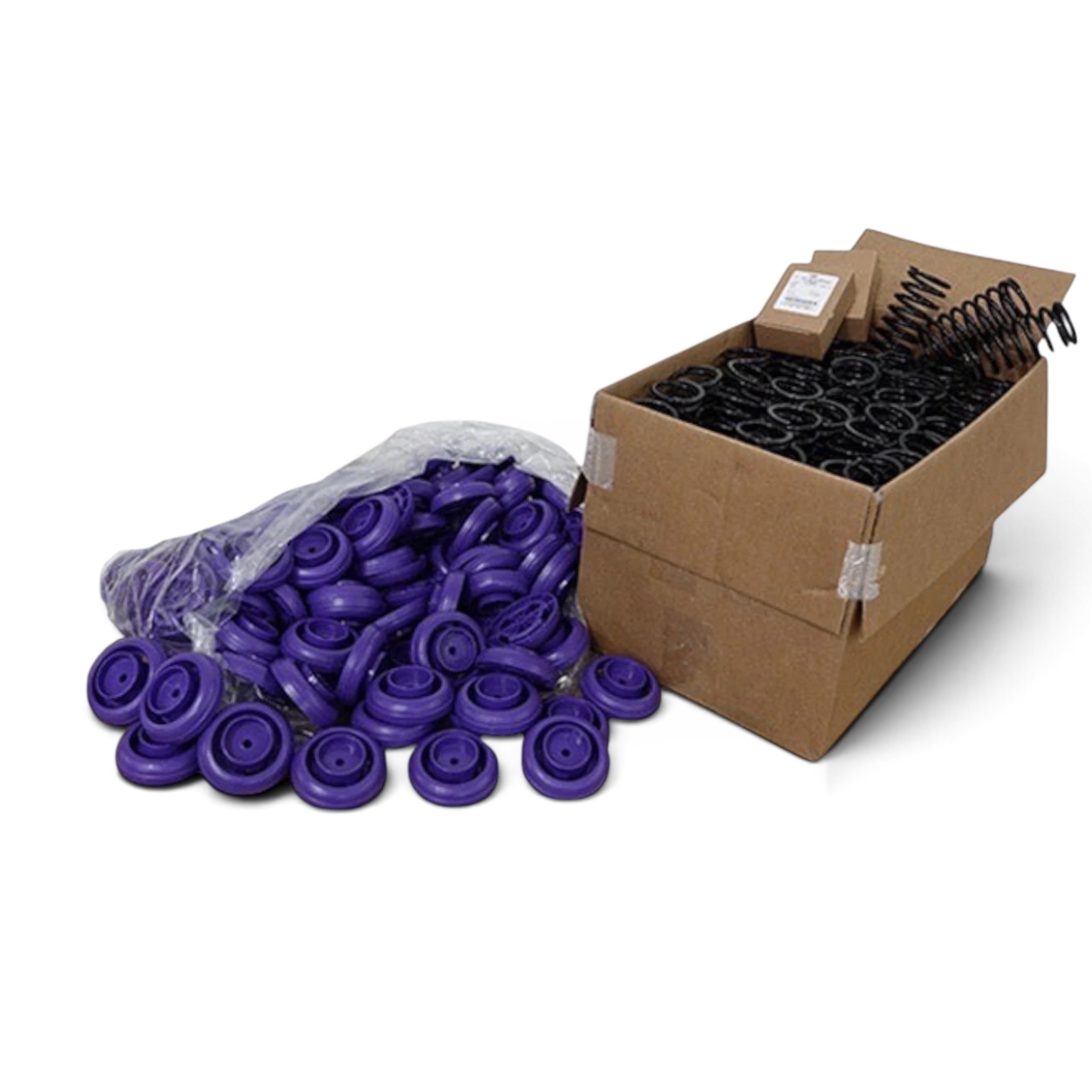 UK Gym Pits power spring floor kit with purple retainer caps and black high carbon steel coil springs in a box