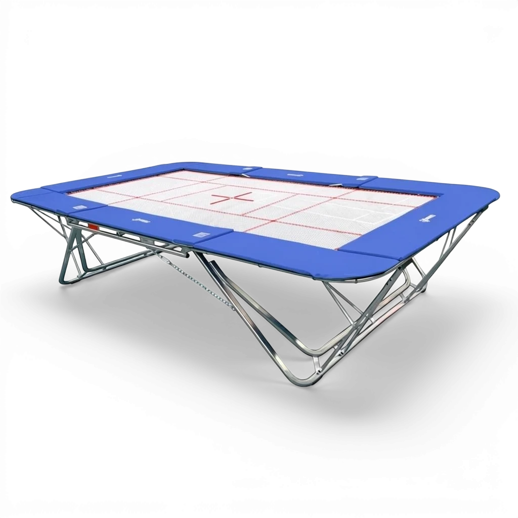 UK Gym Pits professional competition trampoline with a white super-mesh bed and blue protective frame pads.