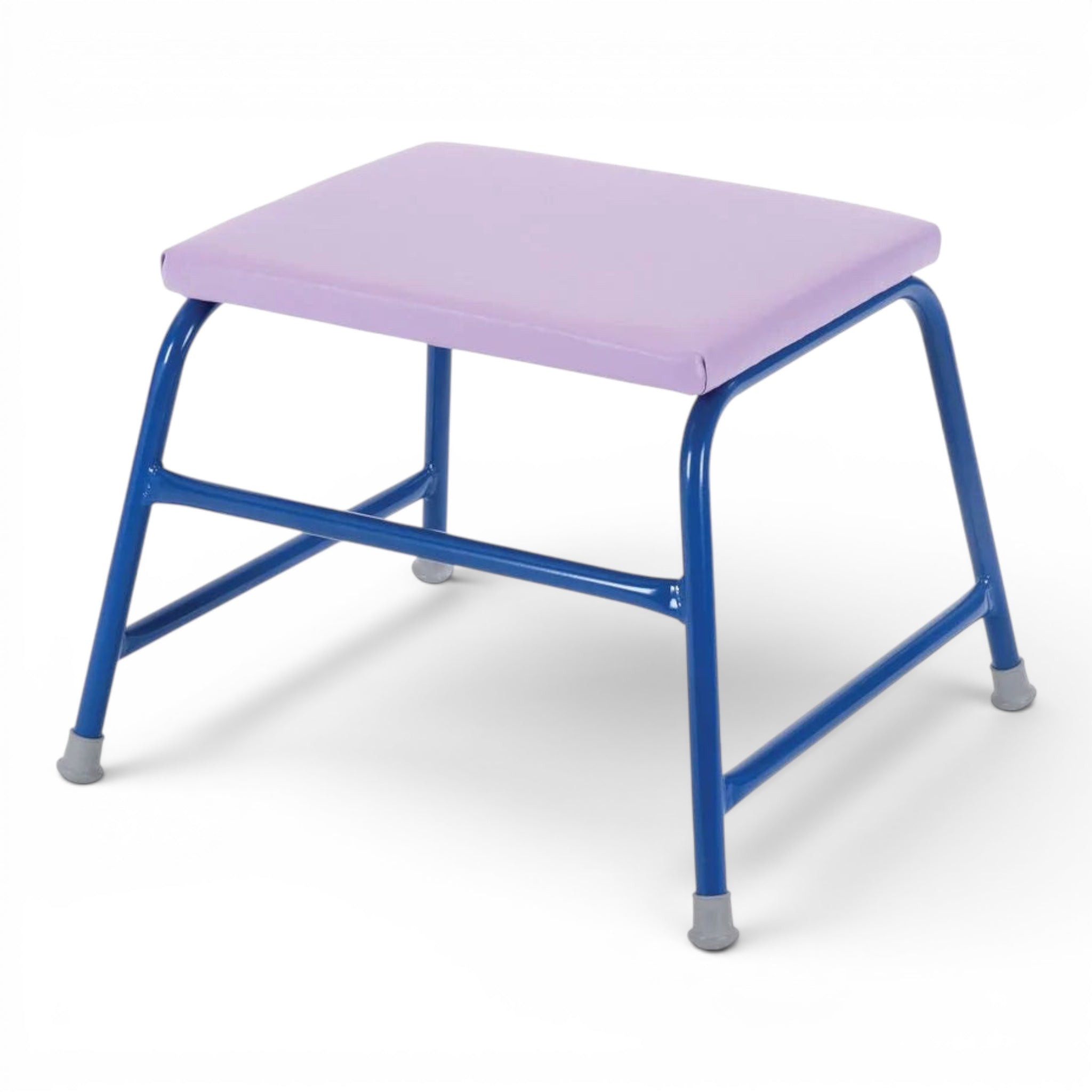 UK Gym Pits agility table with a purple padded top and blue steel frame for Key Stage 1 gymnastics training