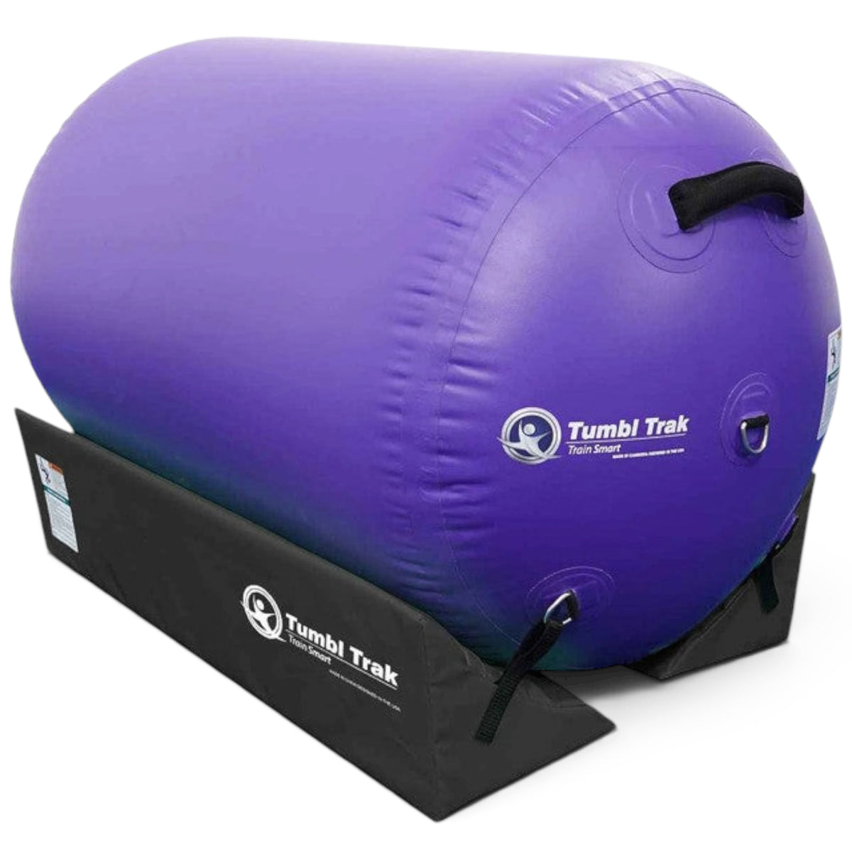 UK Gym Pits purple inflatable air barrel training aid with black stabilizing cradle for gymnastics tumbling drills