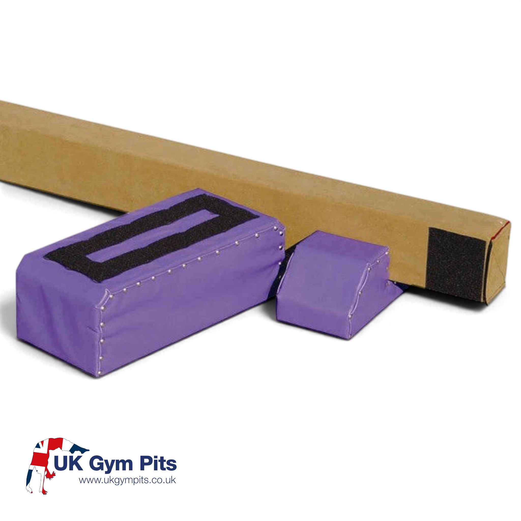UK Gym Pits purple Brianna beam riser legs for gymnastics training, increasing beam height by 15cm with velcro