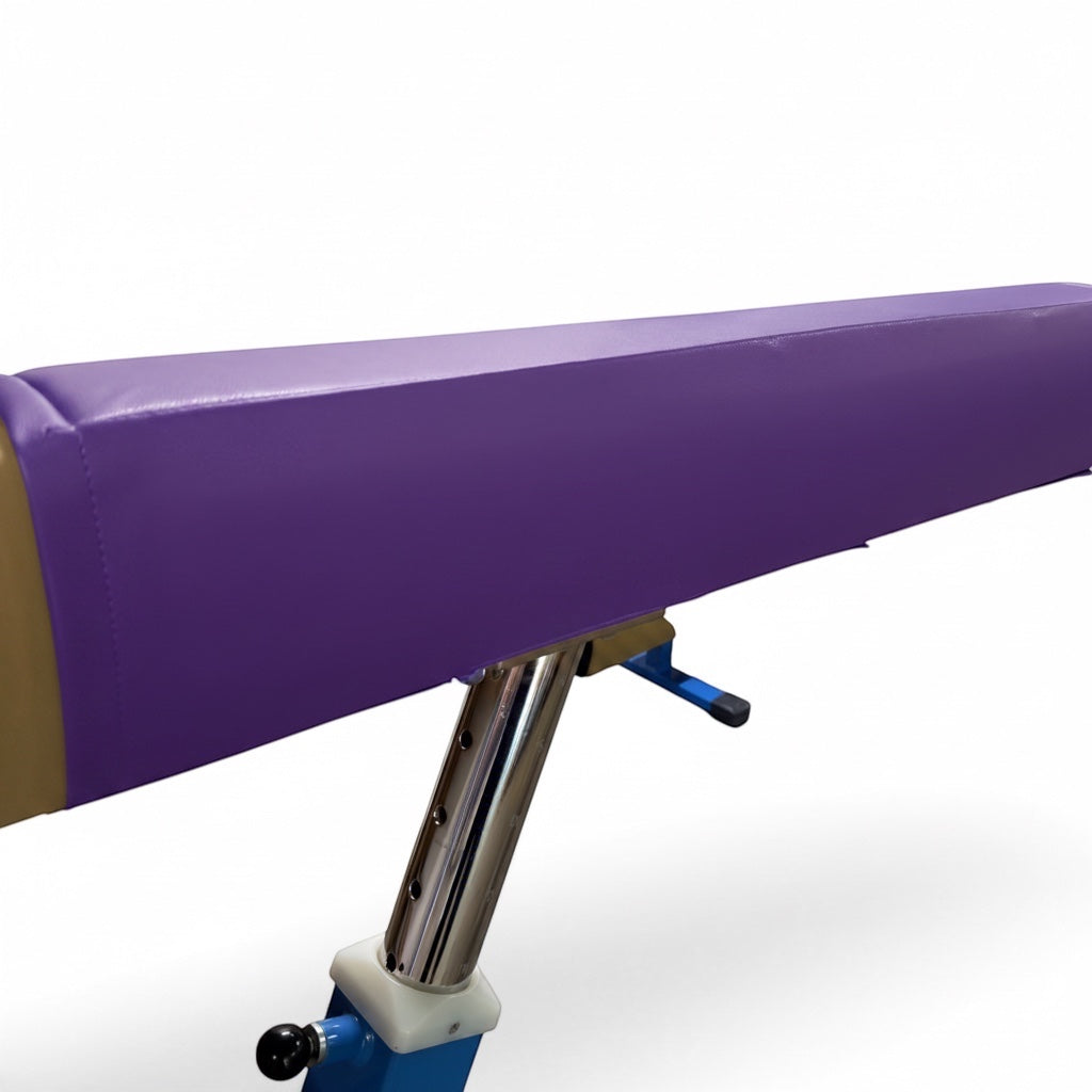 UK Gym Pits purple cushioned gymnastics beam mat with anti-slip faux leather surface and secure velcro attachment
