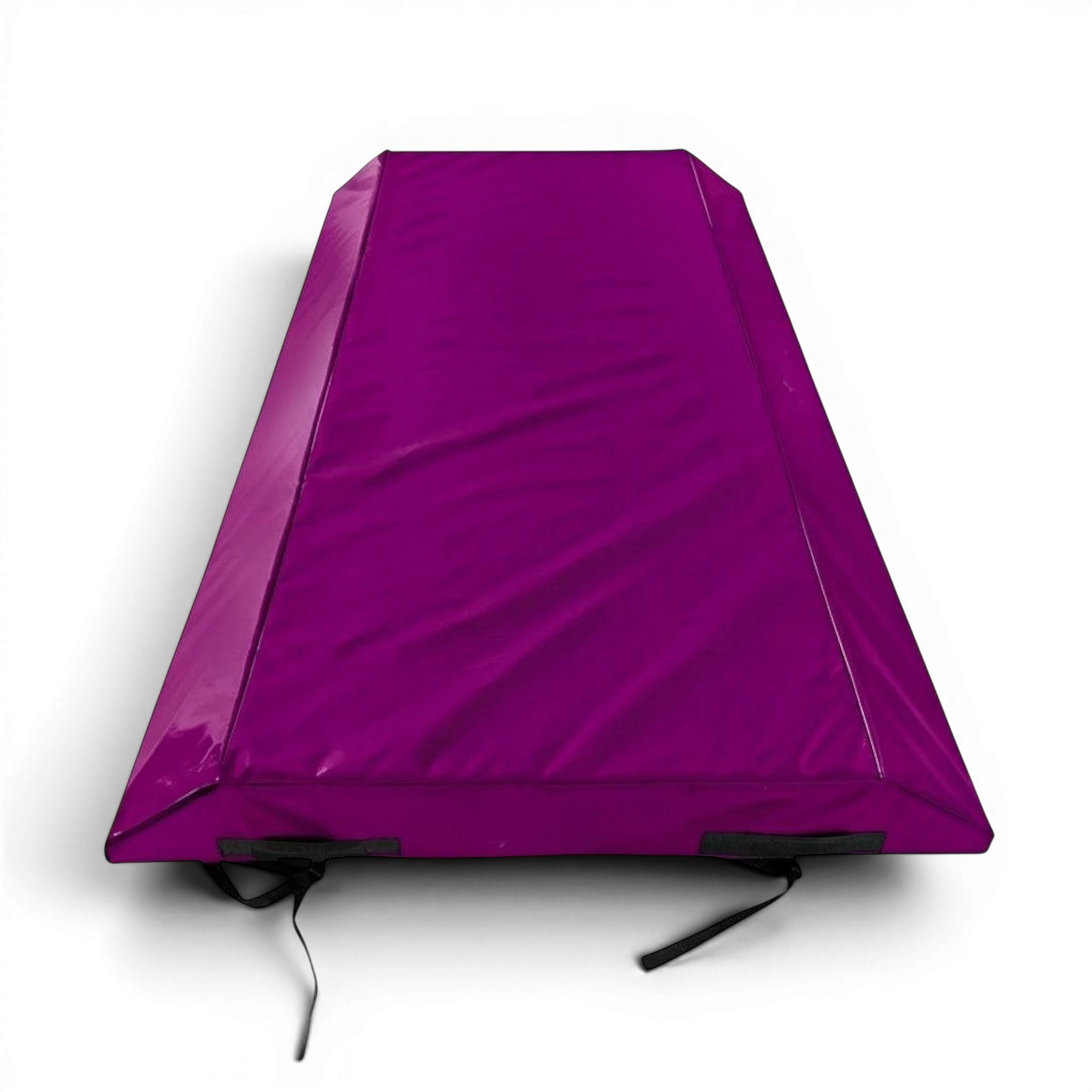 UK Gym Pits purple double wedge trampoline spotting end deck mat with reinforced PVC cover and secure webbing straps.