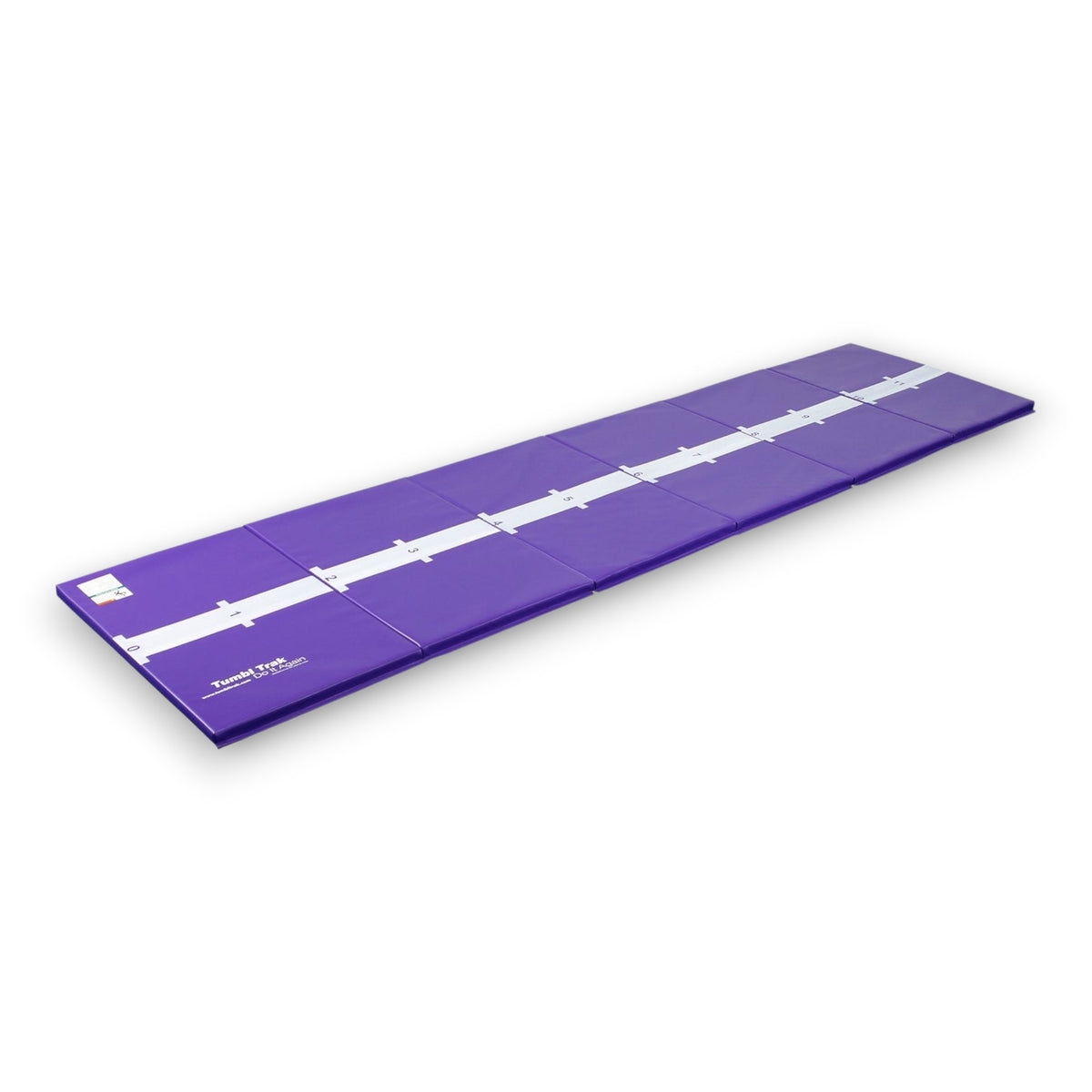 UK Gym Pits purple folding tumbling mat with a white beam stripe and numbered gradations for preschool gymnastics