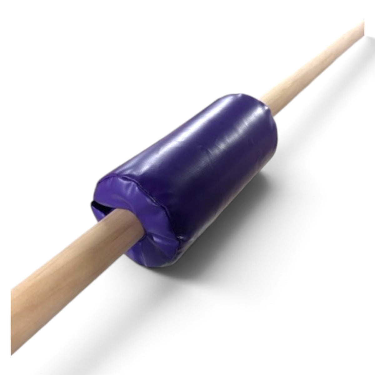 UK Gym Pits purple vinyl gymnastics bar padding with Velcro closure wrapped around a wooden training bar