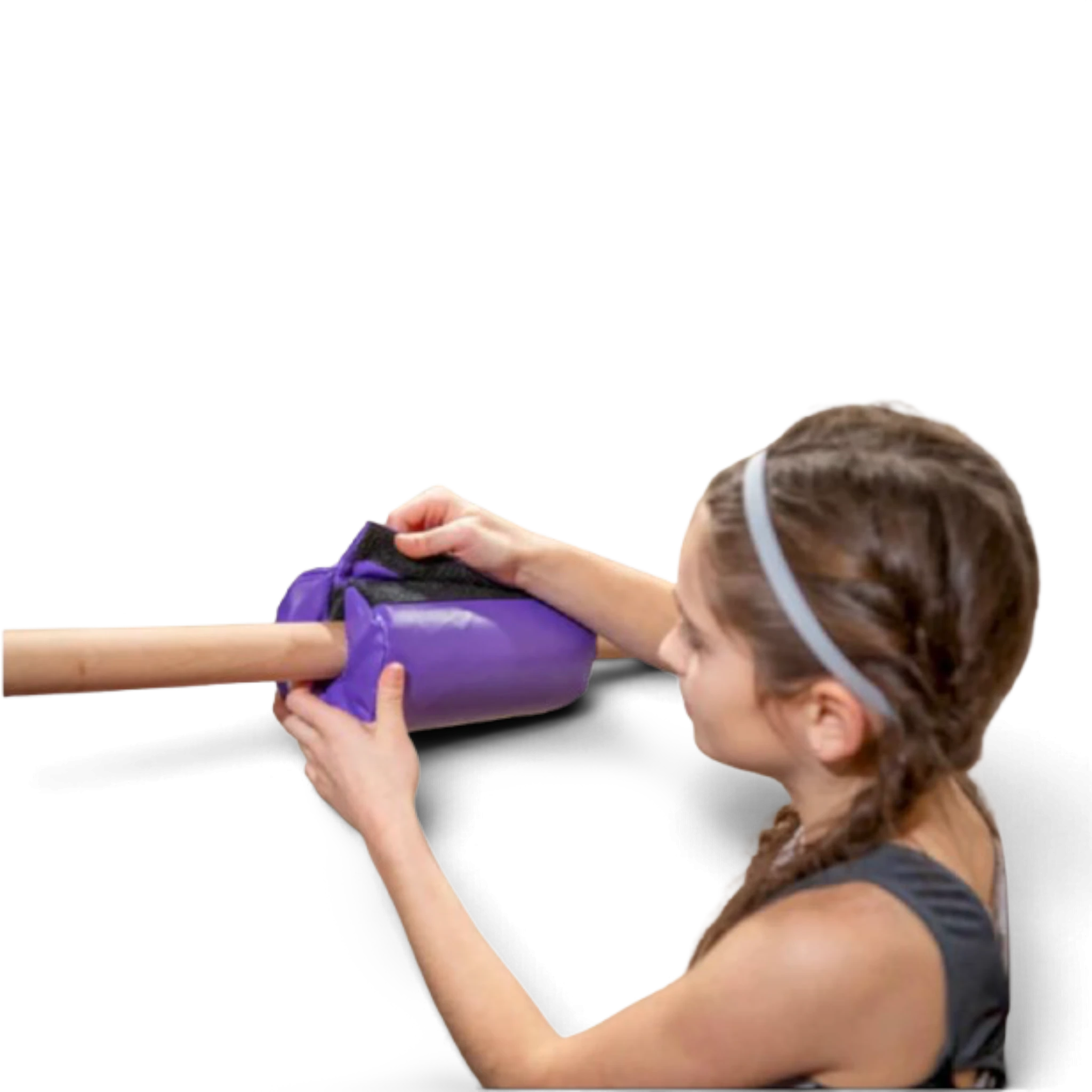 UK Gym Pits purple vinyl bar pad being attached to a gymnastics training bar by a young athlete