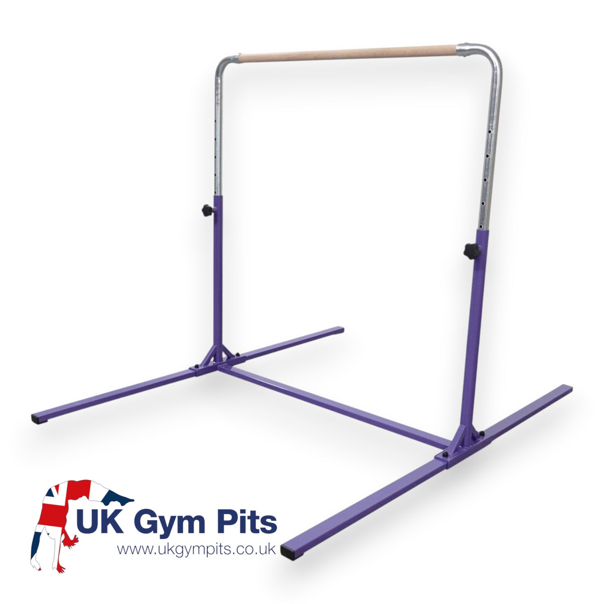 UK Gym Pits purple gymnastics kip bar with a solid maple wood rail and adjustable steel frame for home training
