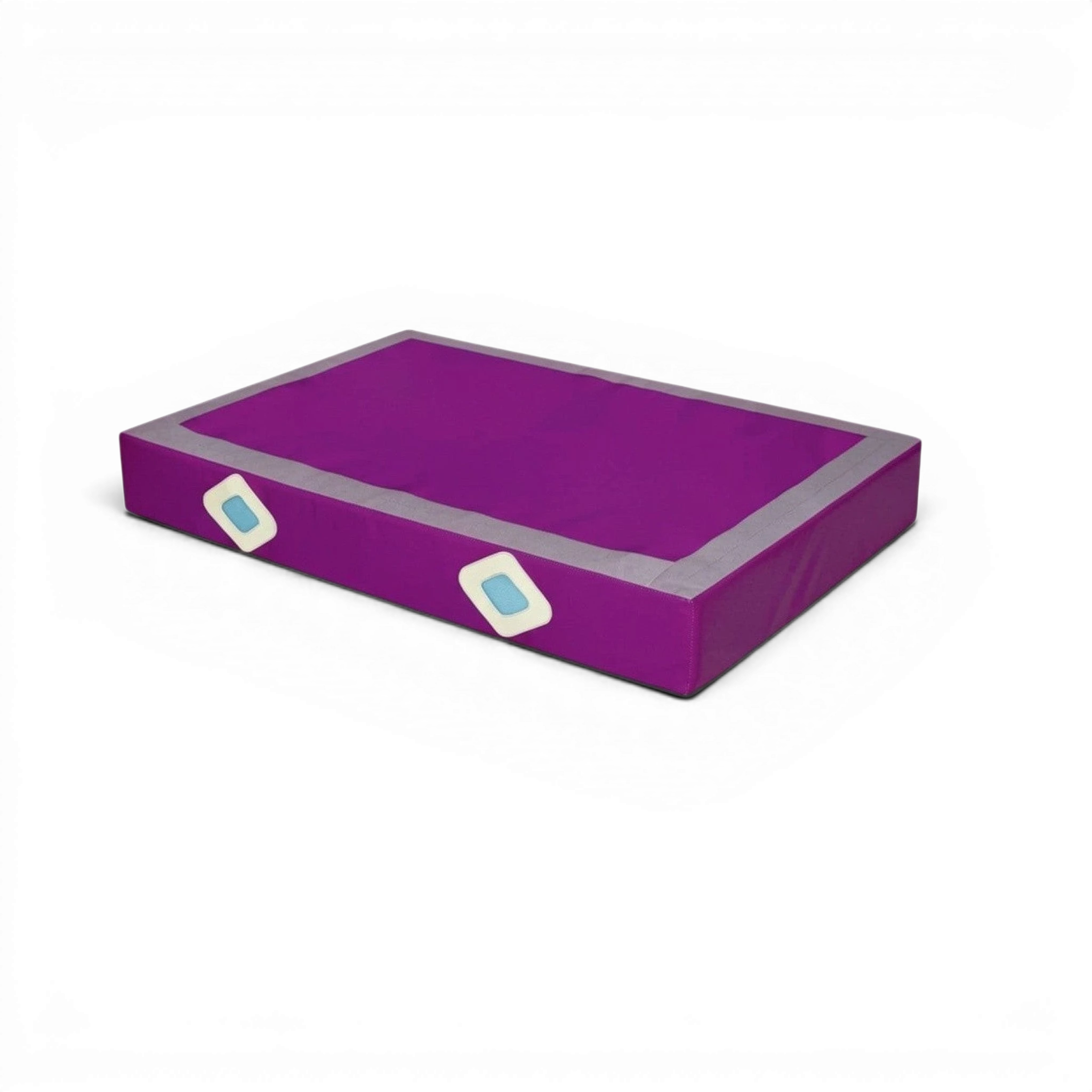UK Gym Pits FIG approved purple gymnastics landing mat with grey trim and Velcro locking system for parallel bars.