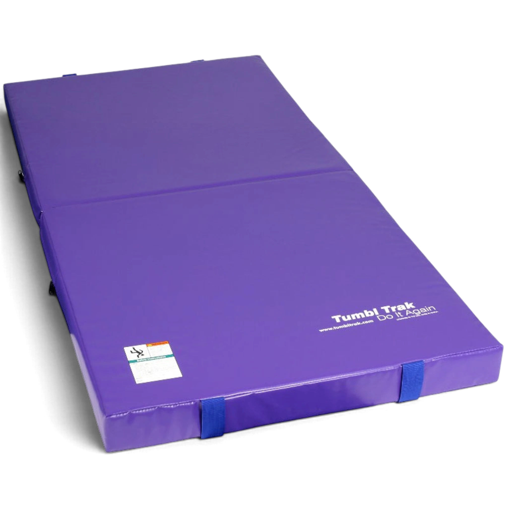 UK Gym Pits purple folding gymnastics practice mat with durable vinyl cover and webbed handles on a black background