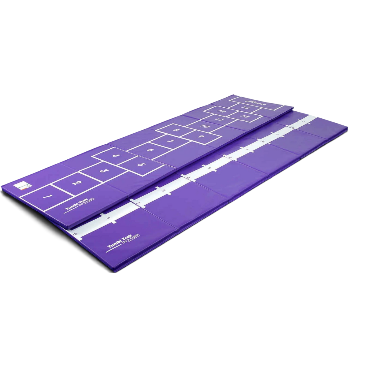 UK Gym Pits purple hopscotch mat with white printed numbers and a central beam training stripe for home gymnastics