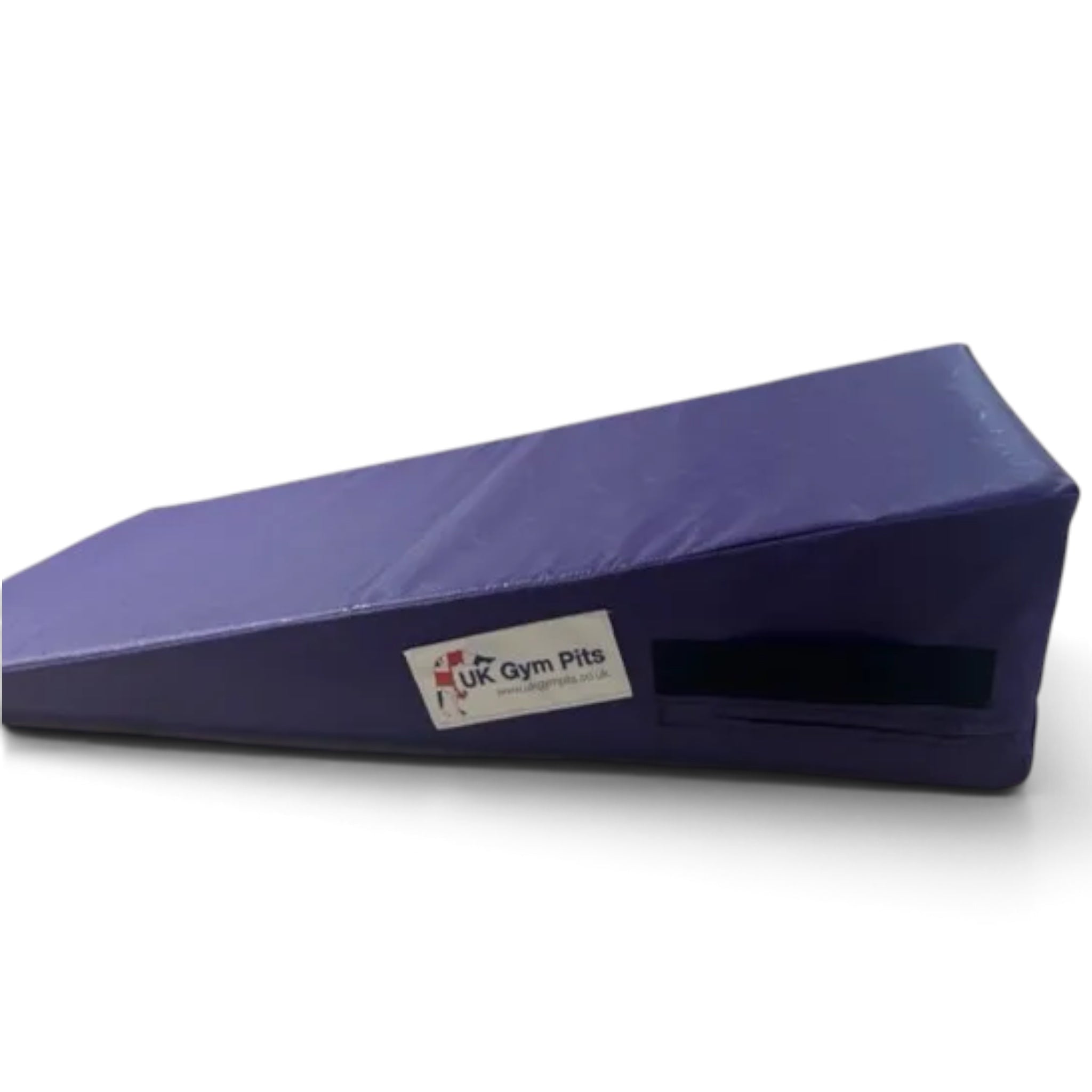 UK Gym Pits purple inclined wedge foam mat for gymnastics and soft play with carry handles and anti-slip base.