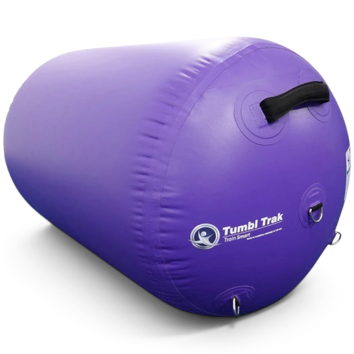 UK Gym Pits purple inflatable air barrel for gymnastics training with side handles and D-rings for secure mounting.