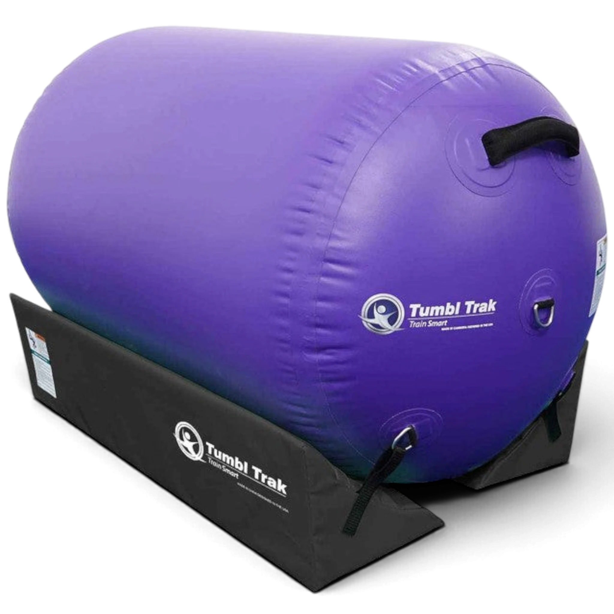UK Gym Pits purple inflatable air barrel training aid for gymnastics with a black stabilizing cradle base