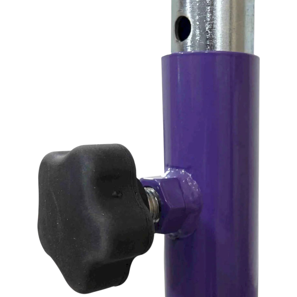 UK Gym Pits purple gymnastics kip bar showing the ergonomic black hand-wheel for height adjustment on the steel frame