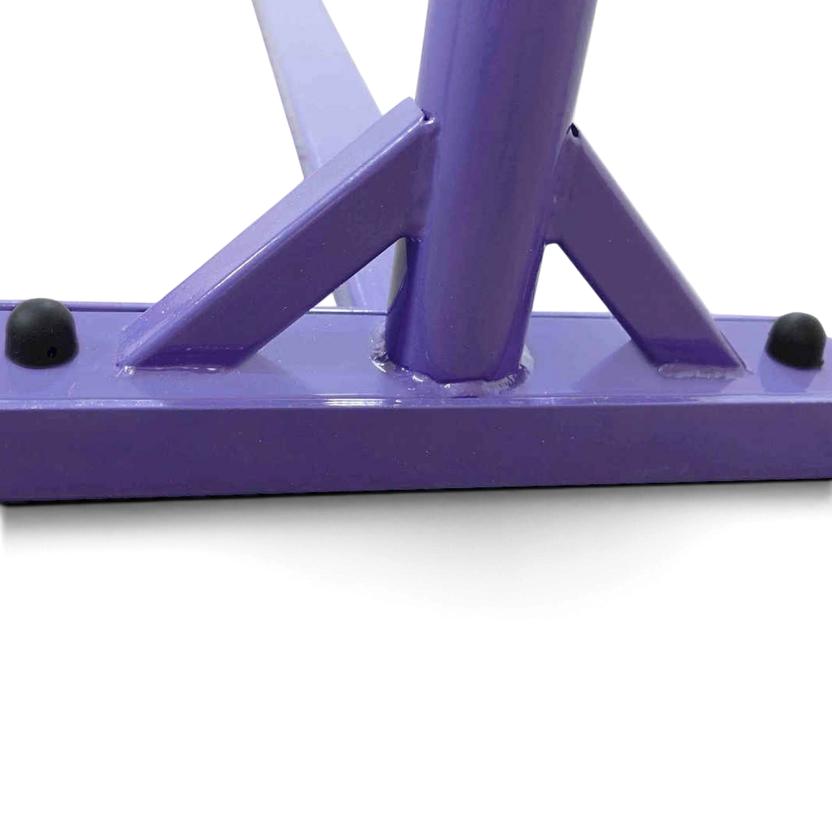 UK Gym Pits purple powder coated steel base of a home gymnastics kip bar with anti-slip rubber feet
