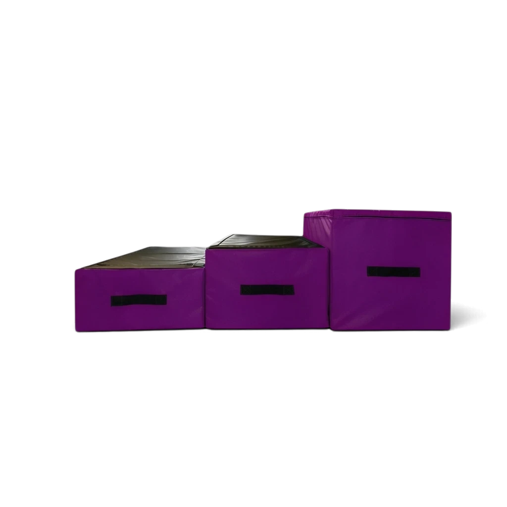 UK Gym Pits parkour jumping blocks set in purple and black, featuring high-density foam and carry handles.