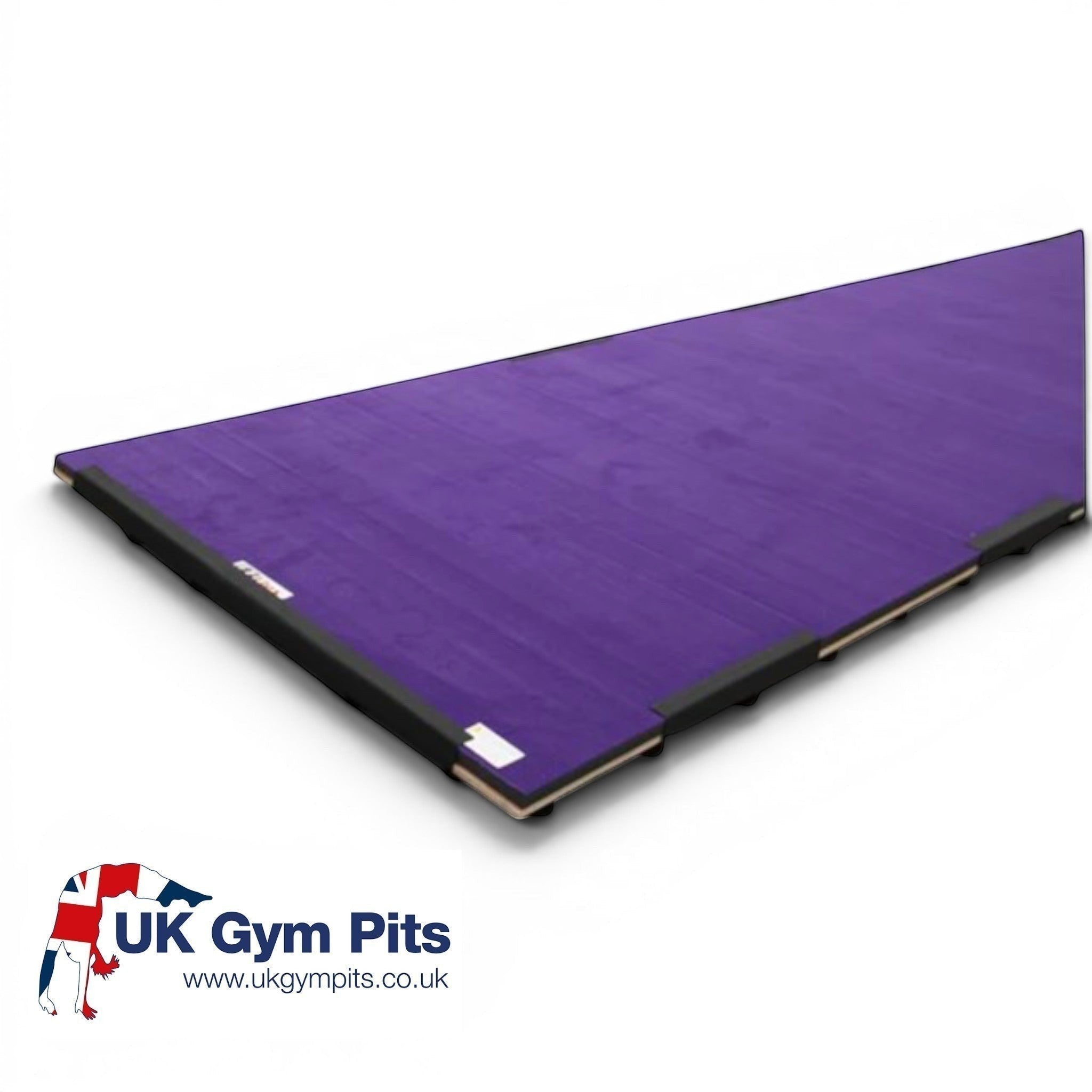 UK Gym Pits purple sprung tumble floor with dual plywood base and carpet surface for gymnastics training