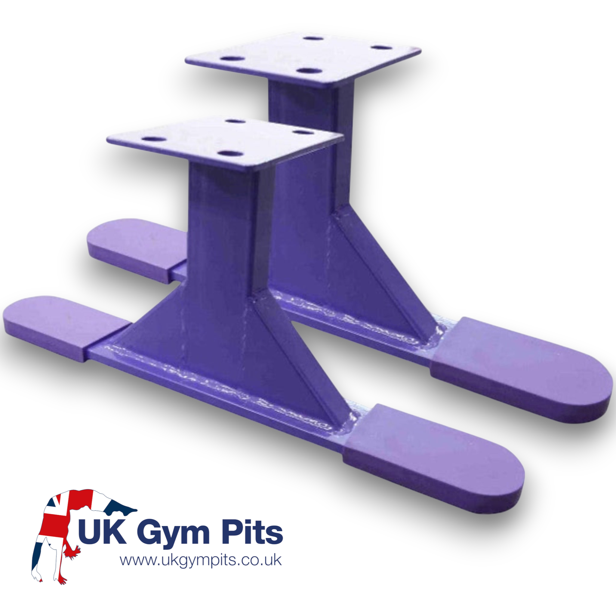 UK Gym Pits Addie Beam Riser Legs in purple steel with protective rubber coating for gymnastics balance beam support.