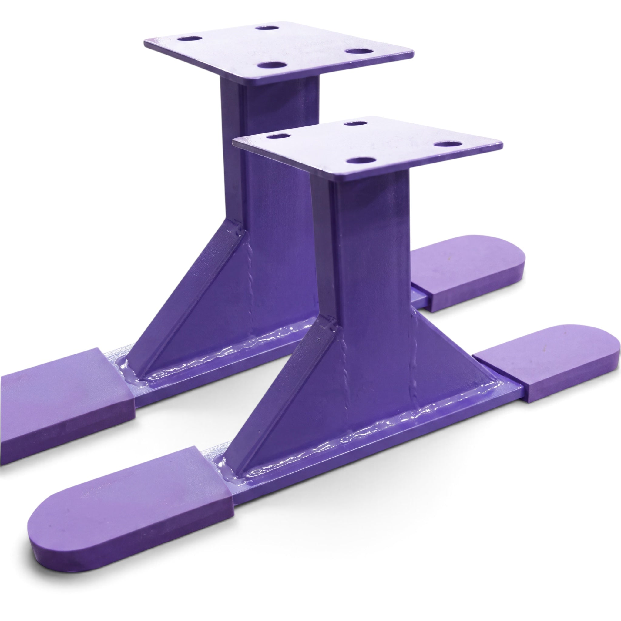 UK Gym Pits Addie Beam Riser Legs in purple steel with protective rubber coating for 30cm beam elevation.