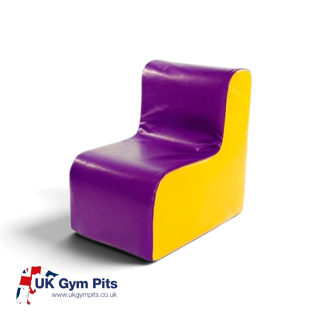 UK Gym Pits purple and yellow soft play chair made from easy-to-clean PVC fabric for children.