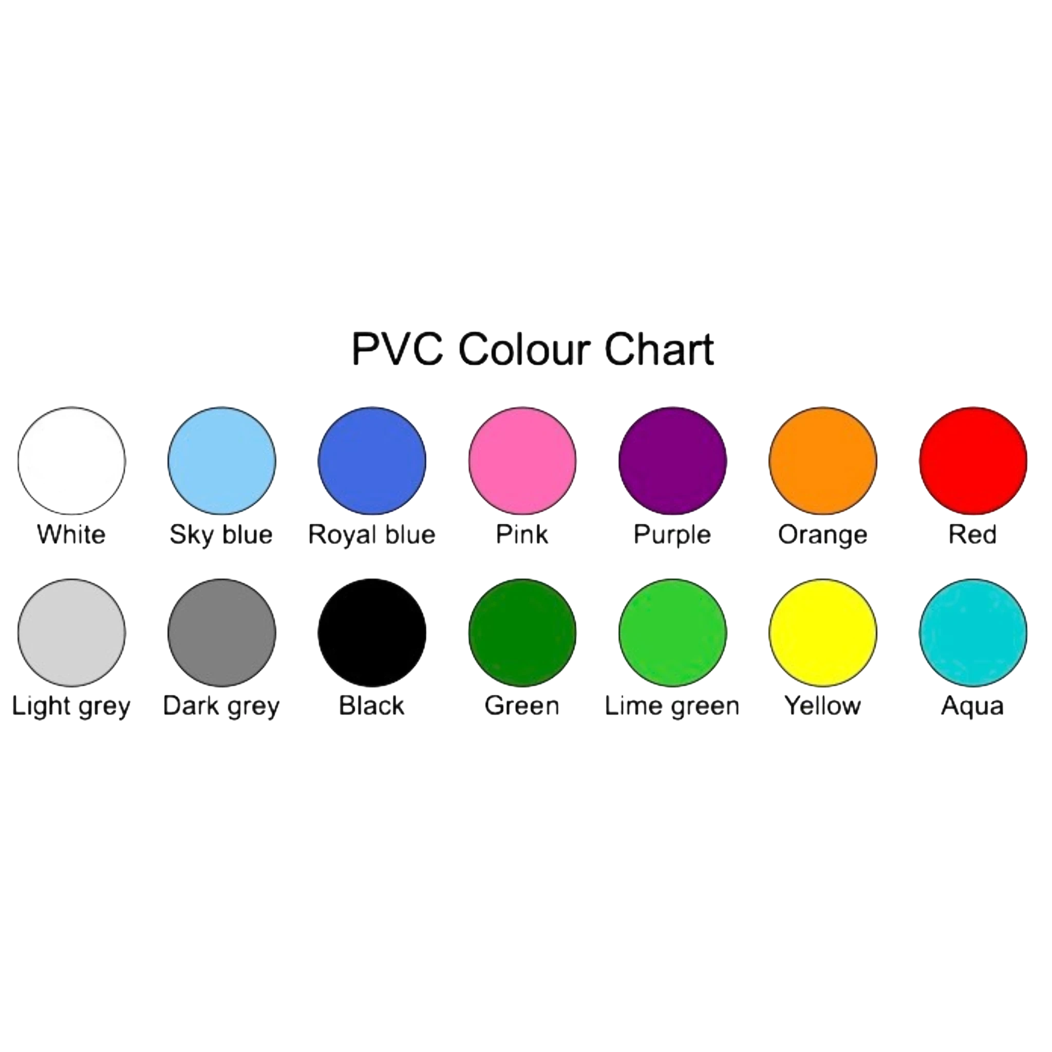 UK Gym Pits PVC colour chart showing 15 available shades for safety mats including white, blue, green, and red.