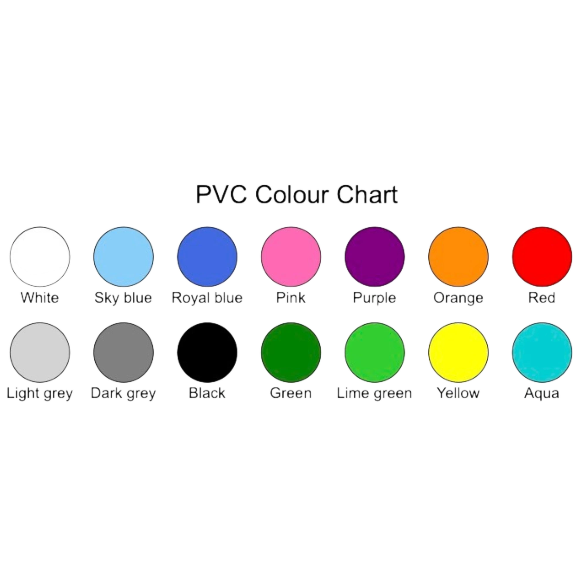 UK Gym Pits PVC colour chart showing 14 vibrant options for landing pit covers including blue, red, and green shades.