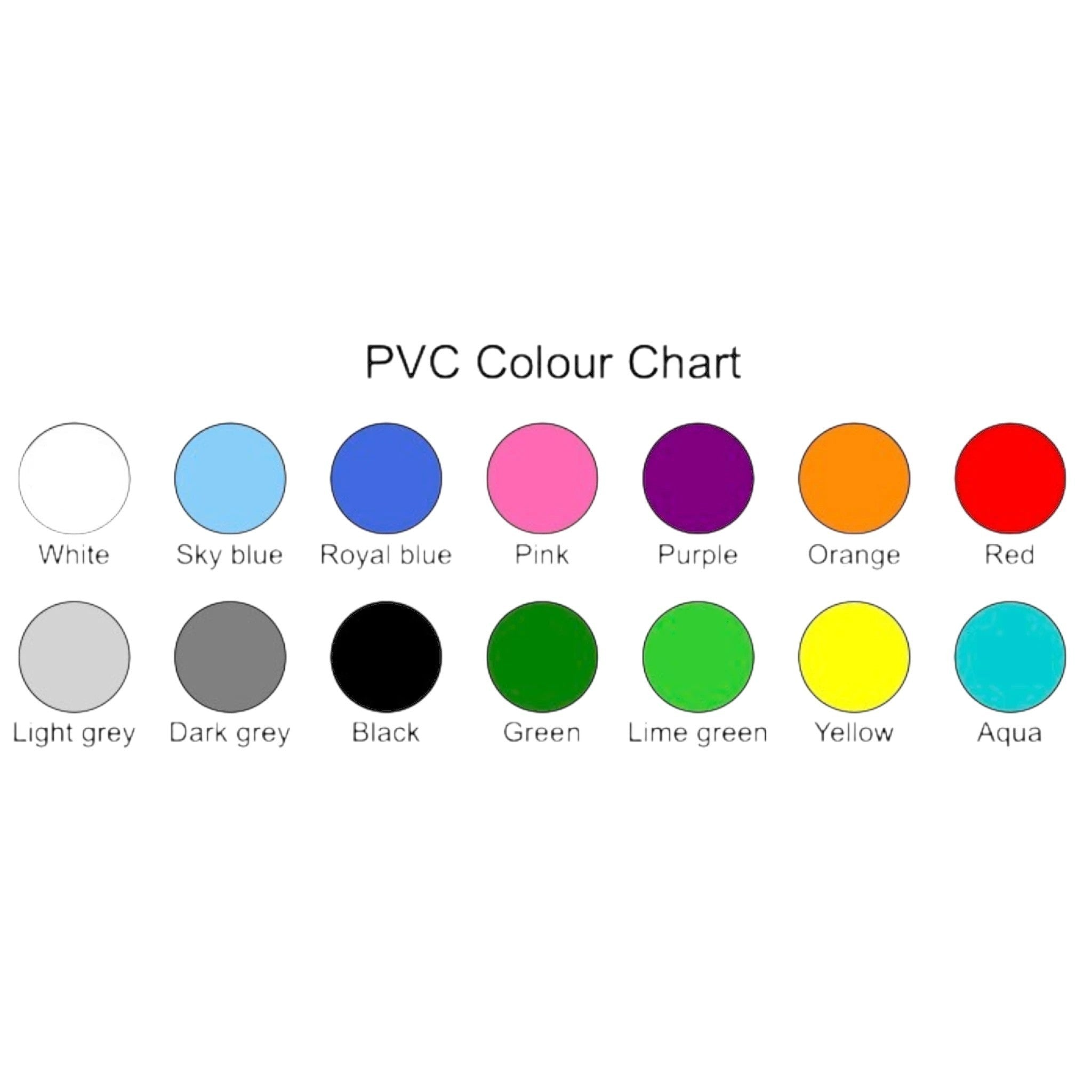 UK Gym Pits PVC colour chart showing 14 vibrant options for trampoline frame pads including blue, red, and green.