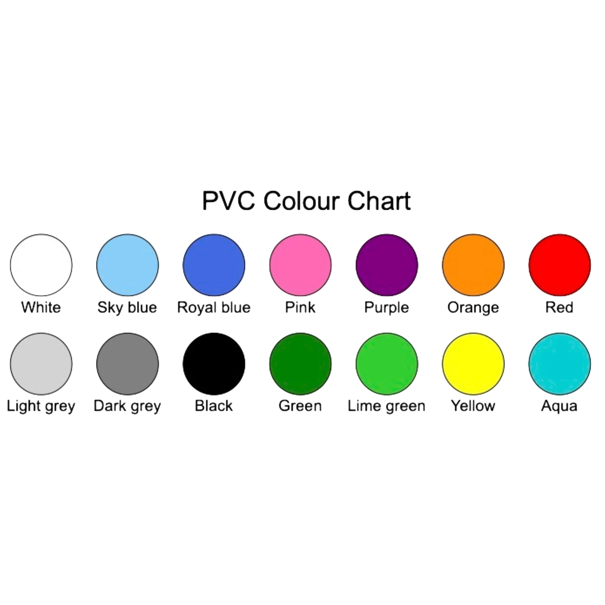 UK Gym Pits PVC colour chart showing a variety of vibrant shades for safety mats including blue, red, and green.