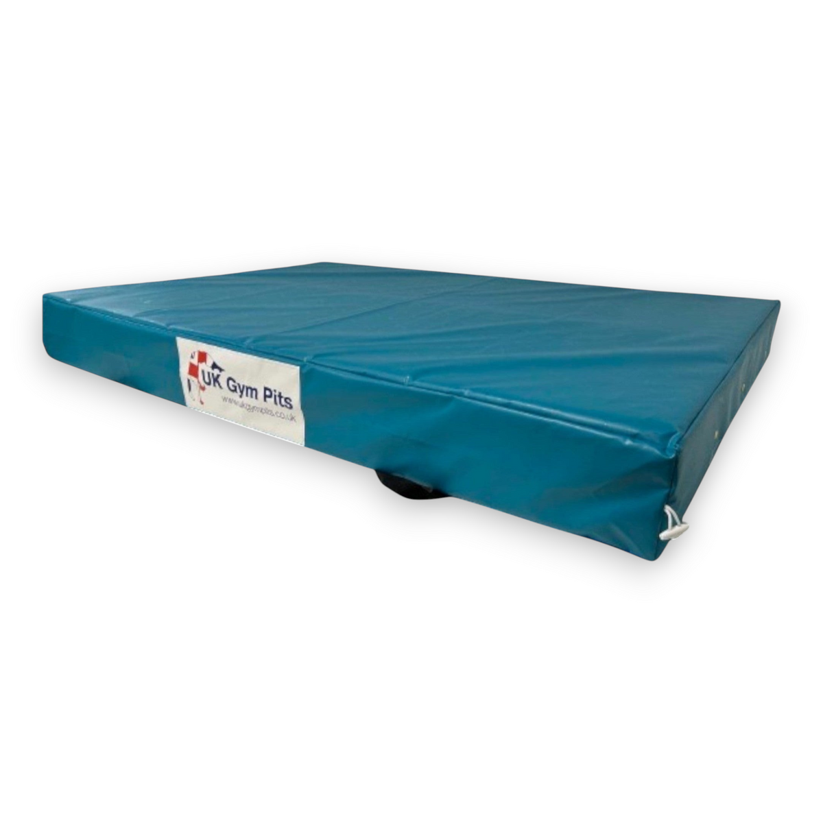UK Gym Pits blue crash mat with heavy-duty PVC cover, breather holes, and side handles for gymnastics and sports.