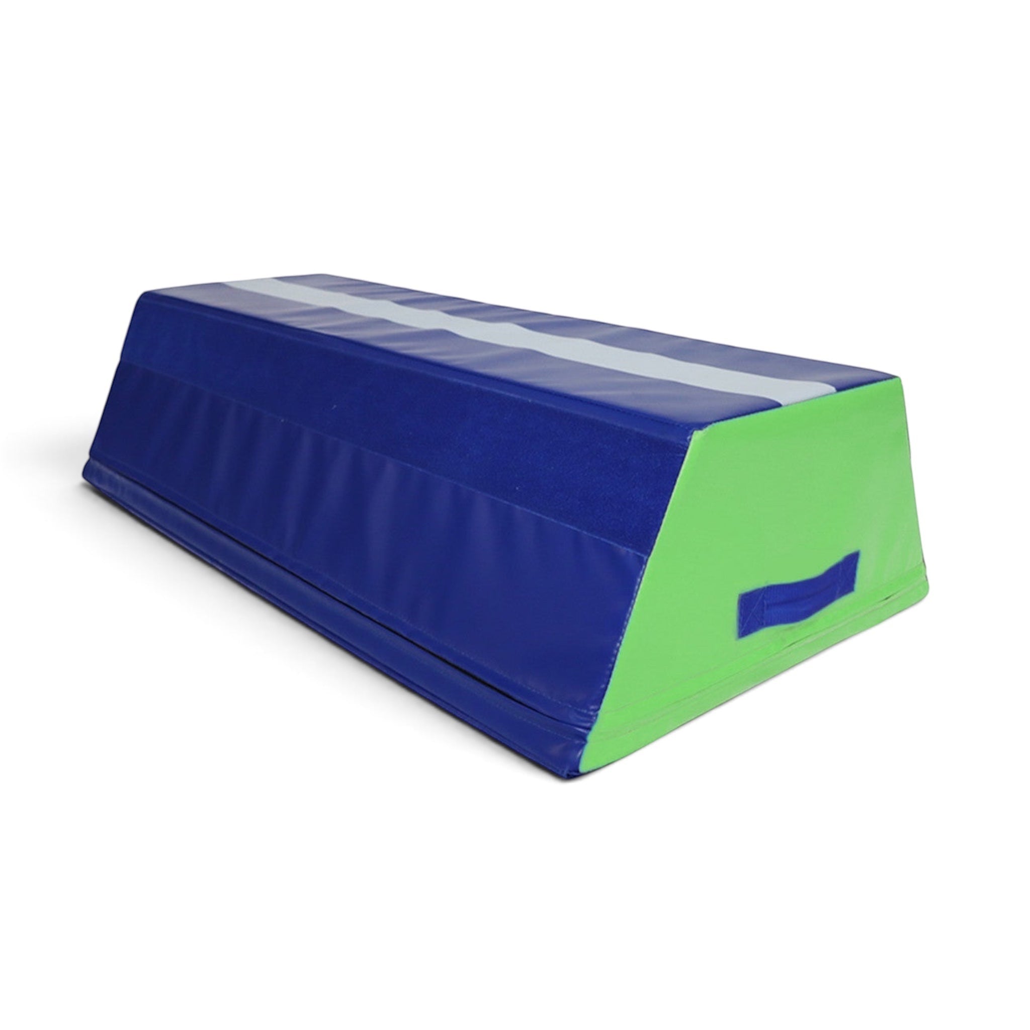 UK Gym Pits Tumbl Trak blue and green pyramid beam block with a white guide line for gymnastics training