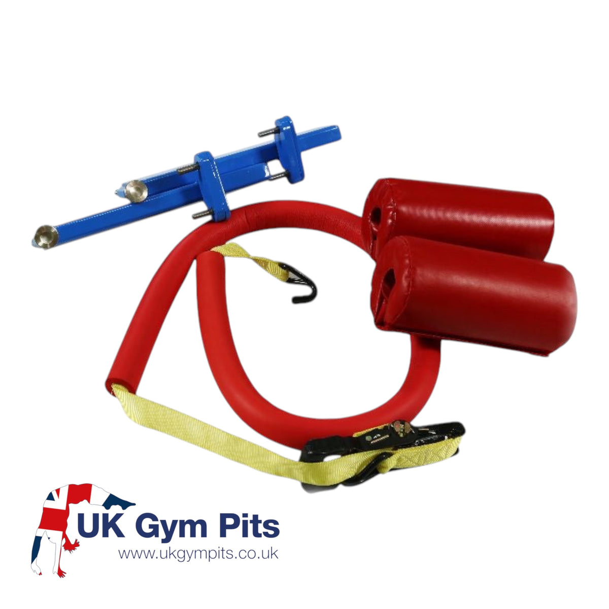UK Gym Pits Quick Flex bar with red foam-covered strap, blue metal bracket, and two red safety ratchet pads