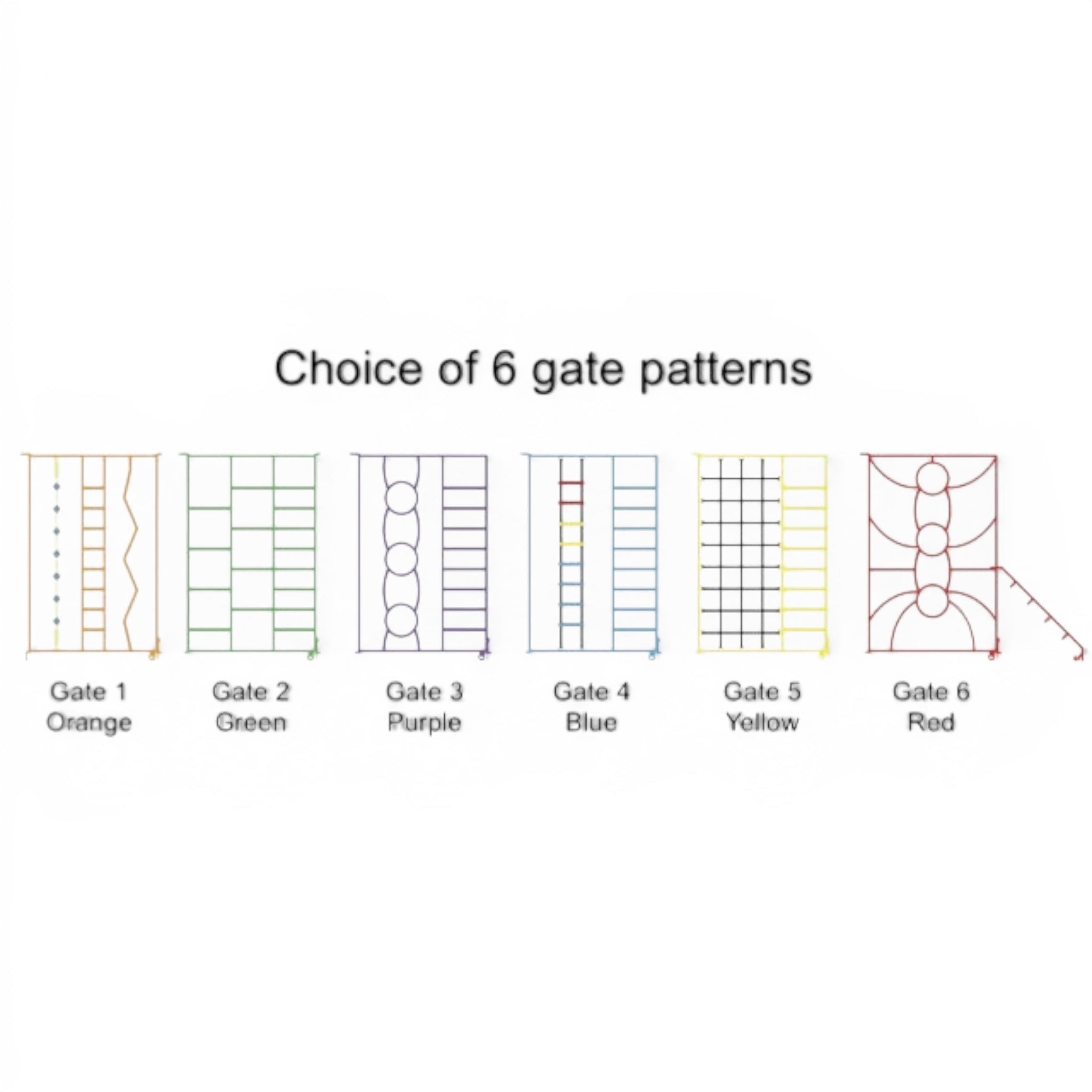 UK Gym Pits rainbow climbing frame showing six different gate design patterns in various colours for school gyms.