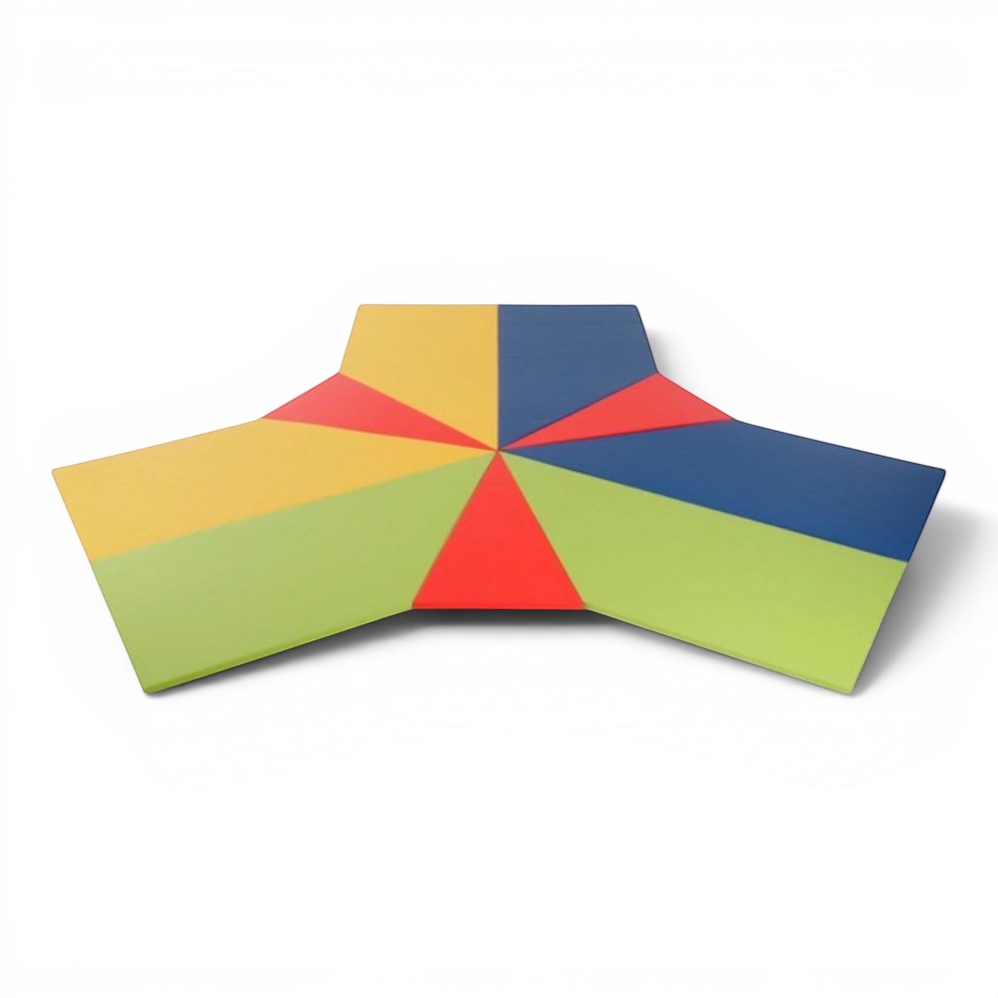 UK Gym Pits rainbow climbing frame mat set featuring colourful triangular floor mats in yellow, blue, red, and green.