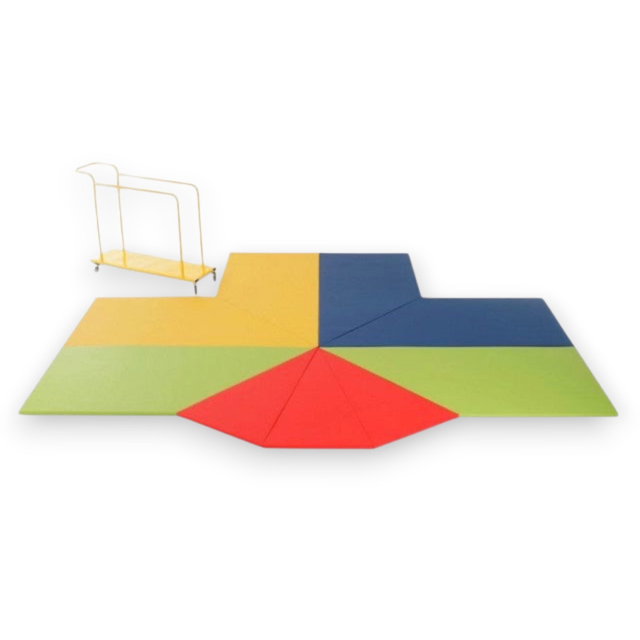 UK Gym Pits rainbow climbing frame mat set in blue, yellow, green, and red with a yellow storage trolley.
