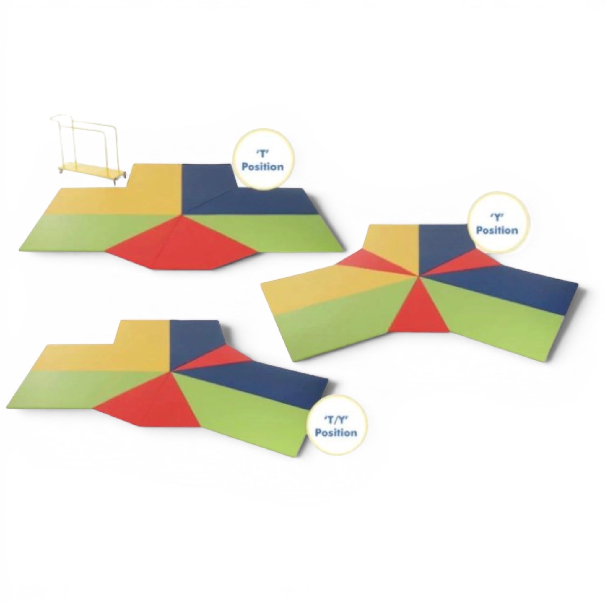 UK Gym Pits rainbow climbing frame mat set shown in T, Y, and T/Y configurations with a storage trolley.