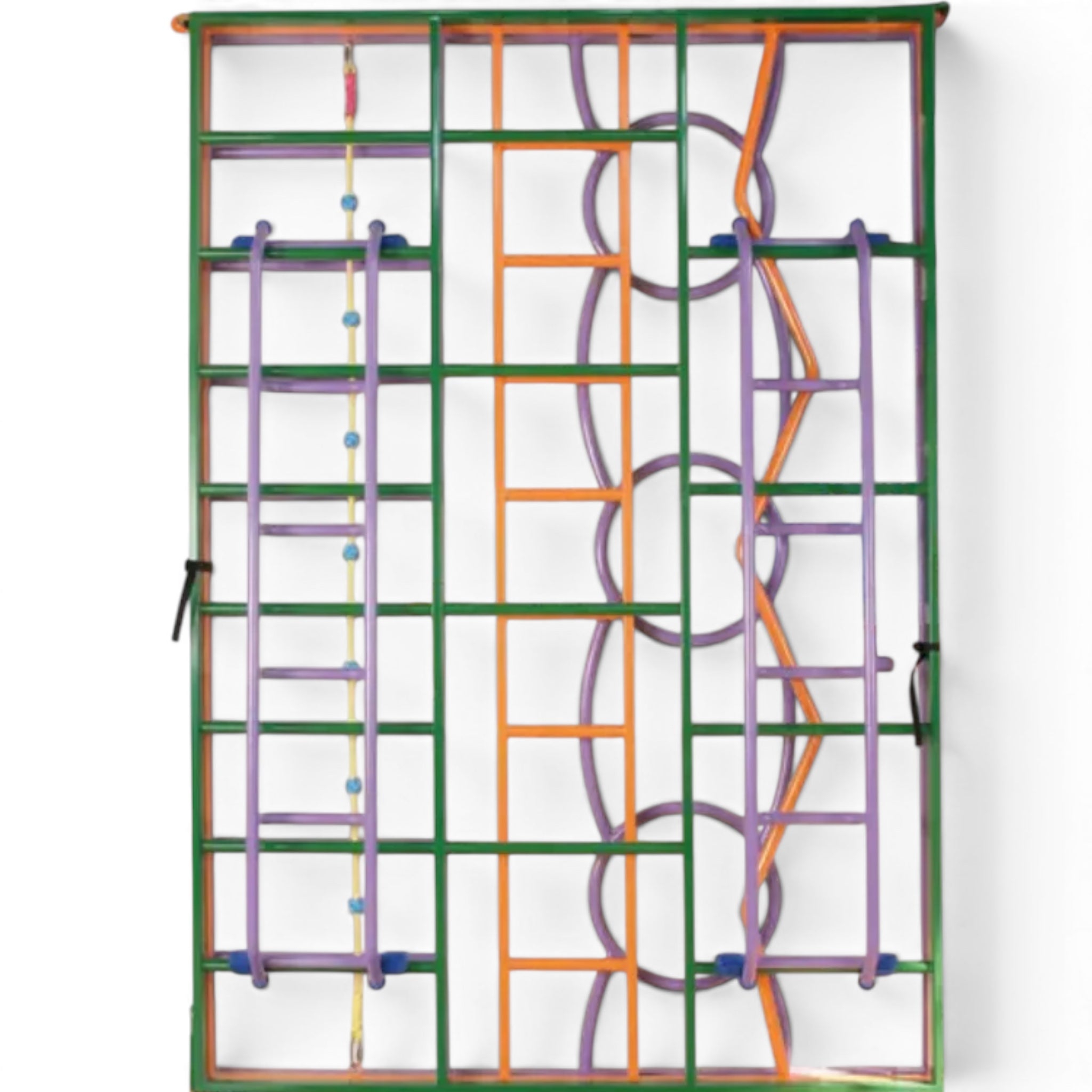 UK Gym Pits rainbow climbing frame with multi-coloured steel ladders and gates folded against a school gym wall.