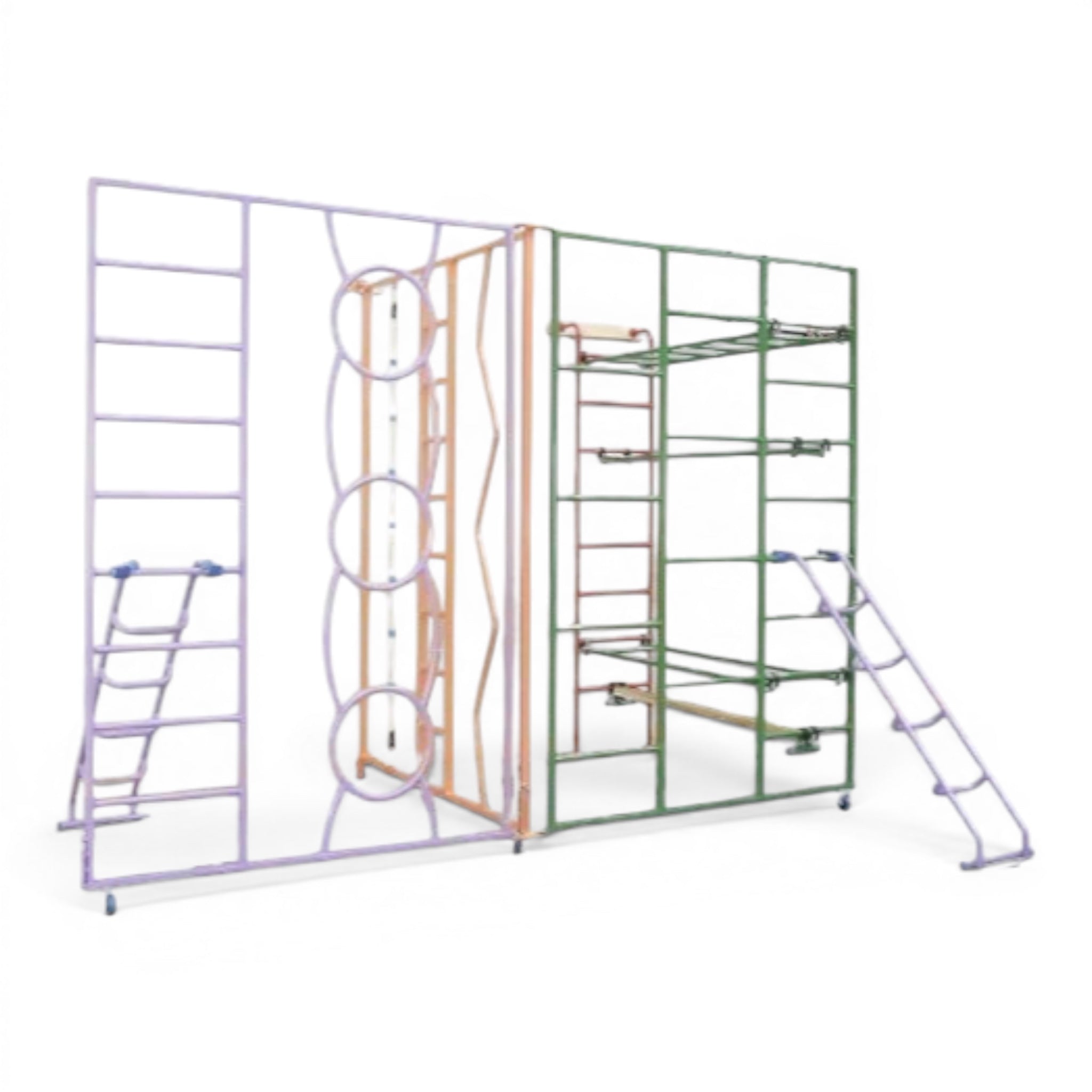 UK Gym Pits rainbow climbing frame with steel tubing, multiple gate designs, and ladders for school gymnastics.