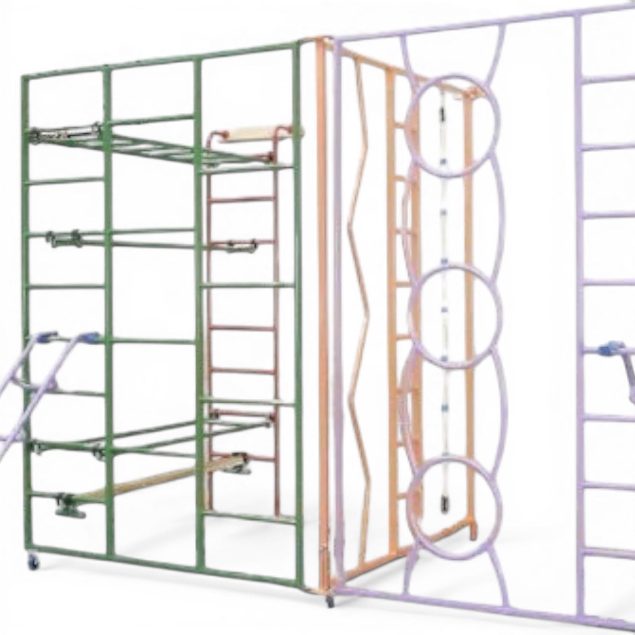 UK Gym Pits rainbow climbing frame with multi-coloured steel gates, ladders, and modular design for school gymnastics.