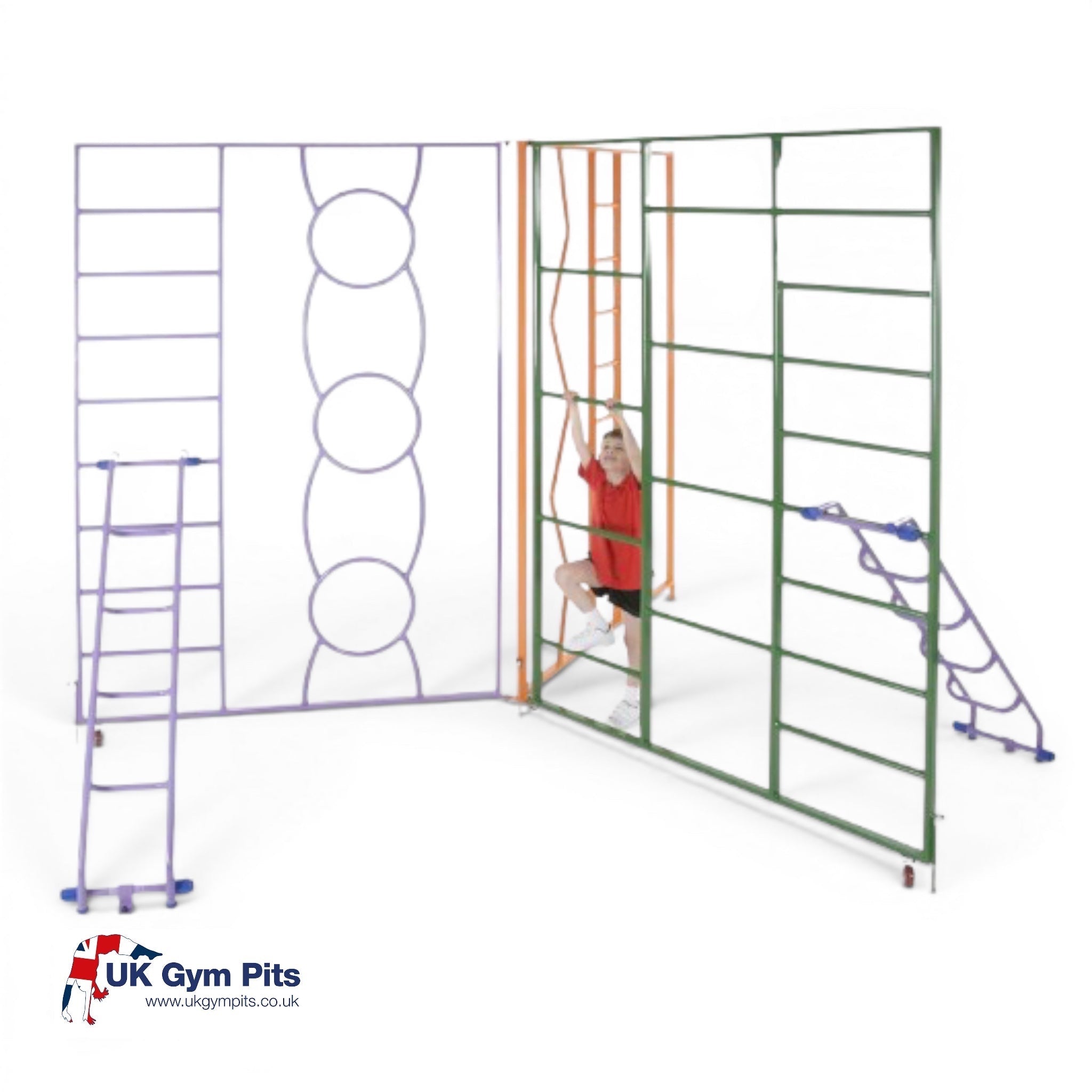 UK Gym Pits rainbow climbing frame with child climbing on steel ladder, featuring colourful powder-coated gates.