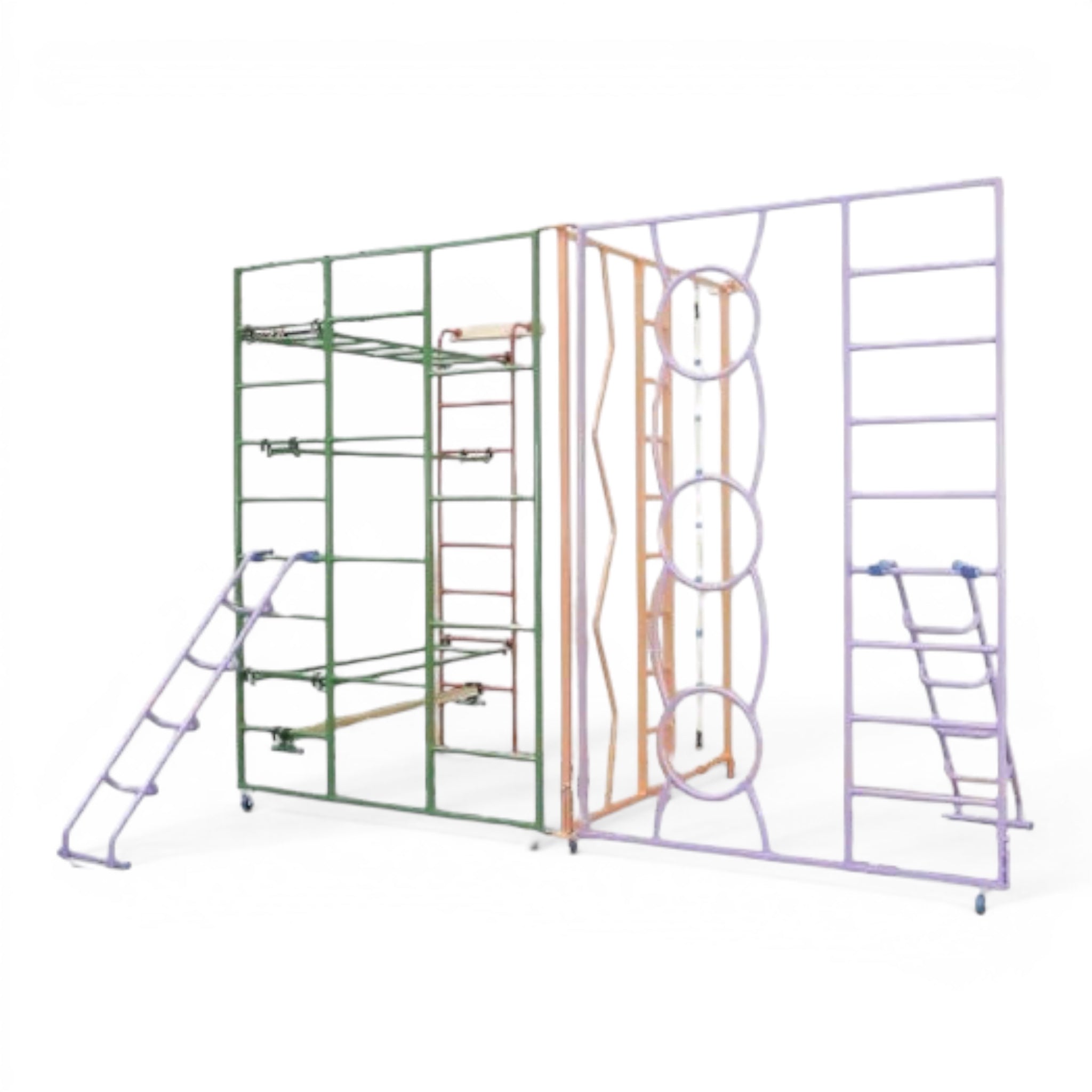 UK Gym Pits rainbow climbing frame with steel ladders and multiple gate designs for school gymnastics activities.