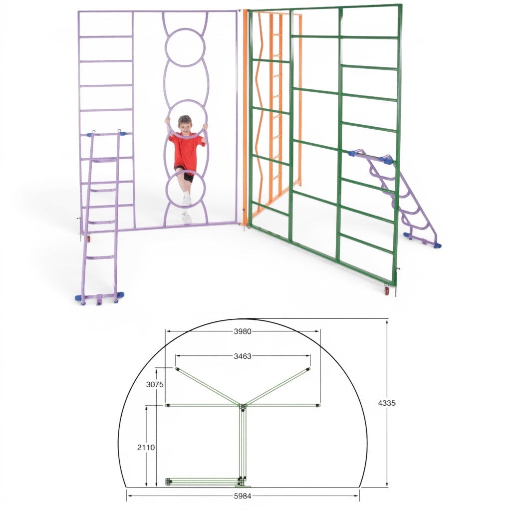 UK Gym Pits rainbow climbing frame with child, showing T and Y configuration options and technical dimensions.
