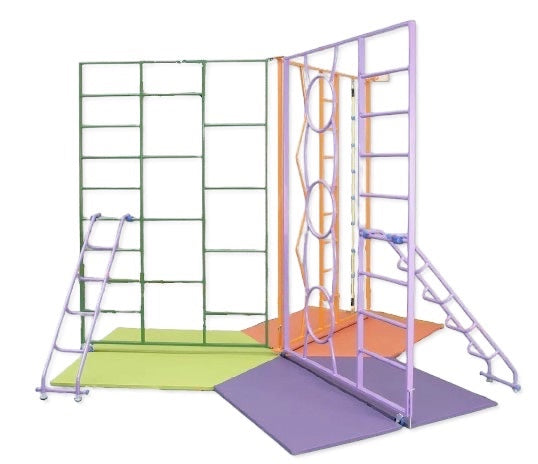 UK Gym Pits rainbow climbing frame with colourful steel gates, ladders, and safety mats for school gymnastics.