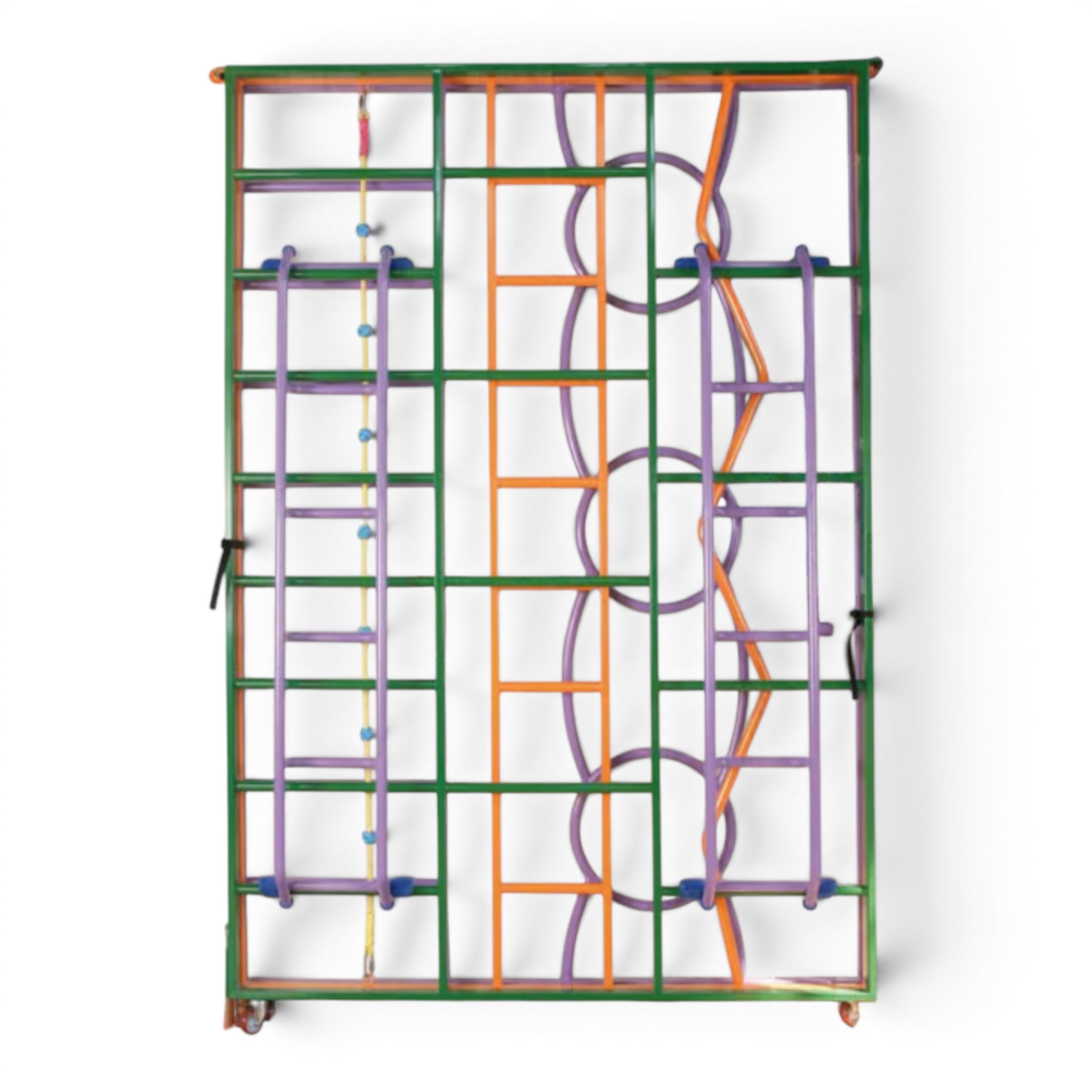 UK Gym Pits rainbow climbing frame folded against a wall, featuring colourful steel tubing and integrated ladders.