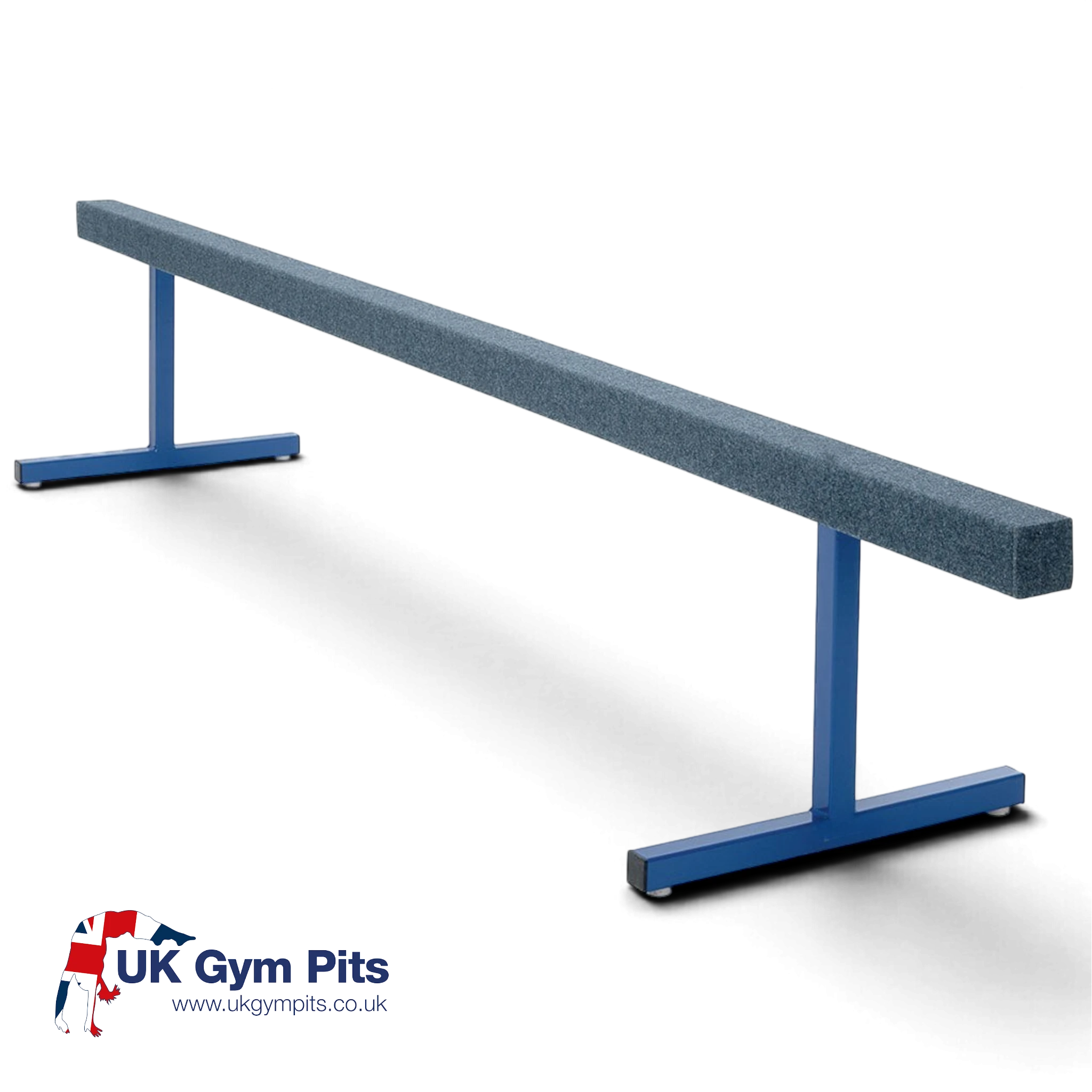 UK Gym Pits raised training beam with a grey carpeted surface and blue powder-coated steel legs for gymnastics.